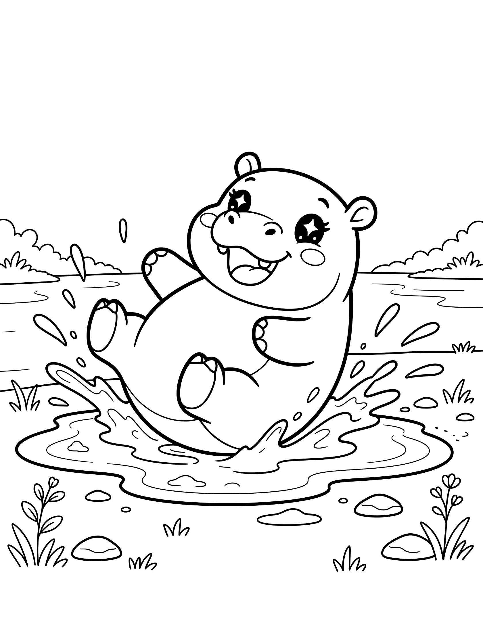 Black and white line art coloring page showing a chubby baby hippo rolling and splashing in a puddle surrounded by mud splatters, grass, and river water. Hippopotamus themed black and white printable line art
