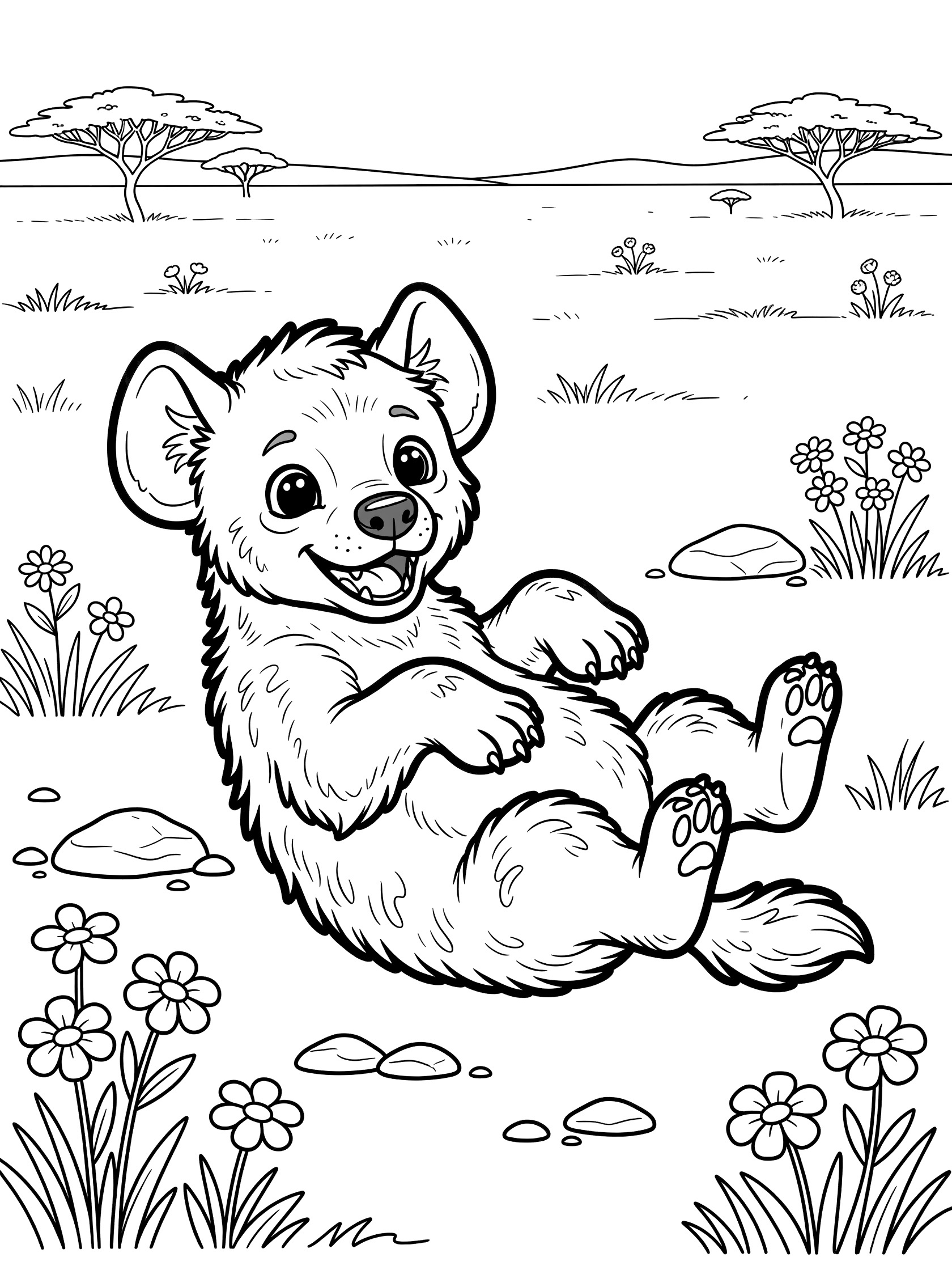 Black and white line art coloring page showing a playful baby hyena cub lying on its back with paws up in a savanna scene with rocks, flowers, grass, and acacia trees.