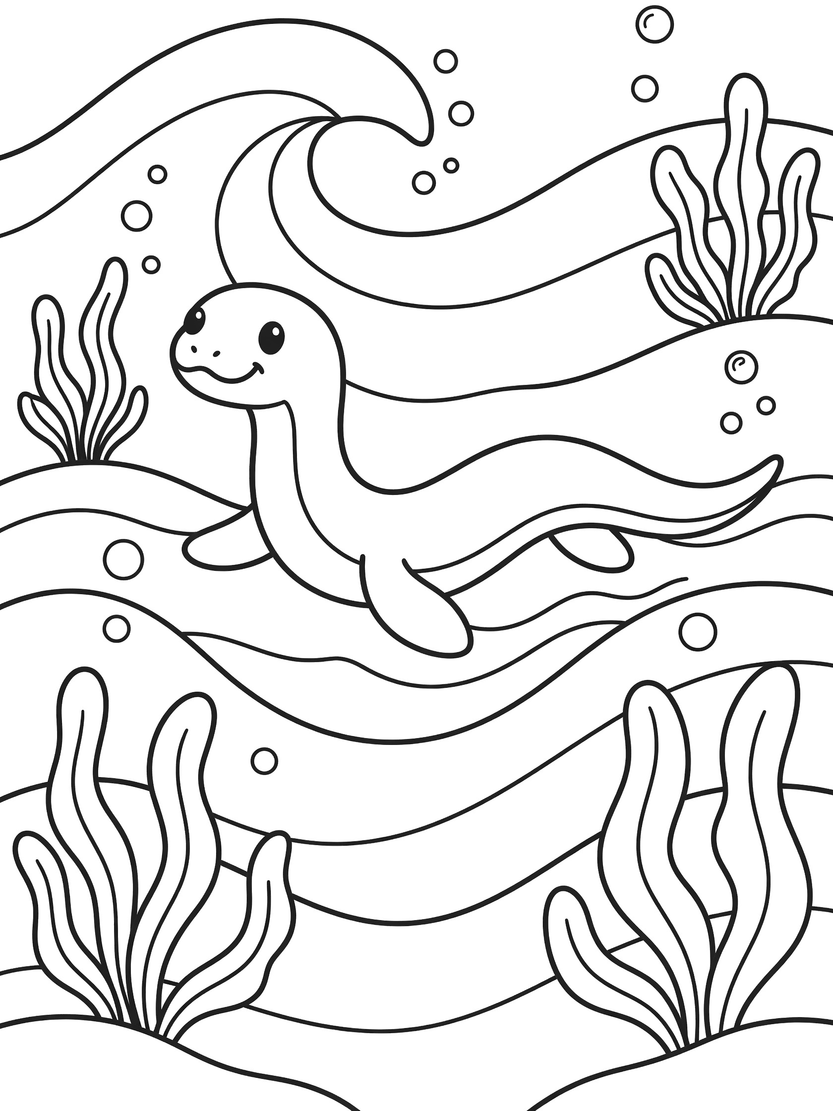 Black and white line art coloring page showing a friendly baby Loch Ness Monster with a happy face swimming playfully in wavy ocean water surrounded by bubbles and seaweed plants. Sea Snake themed black and white printable line art
