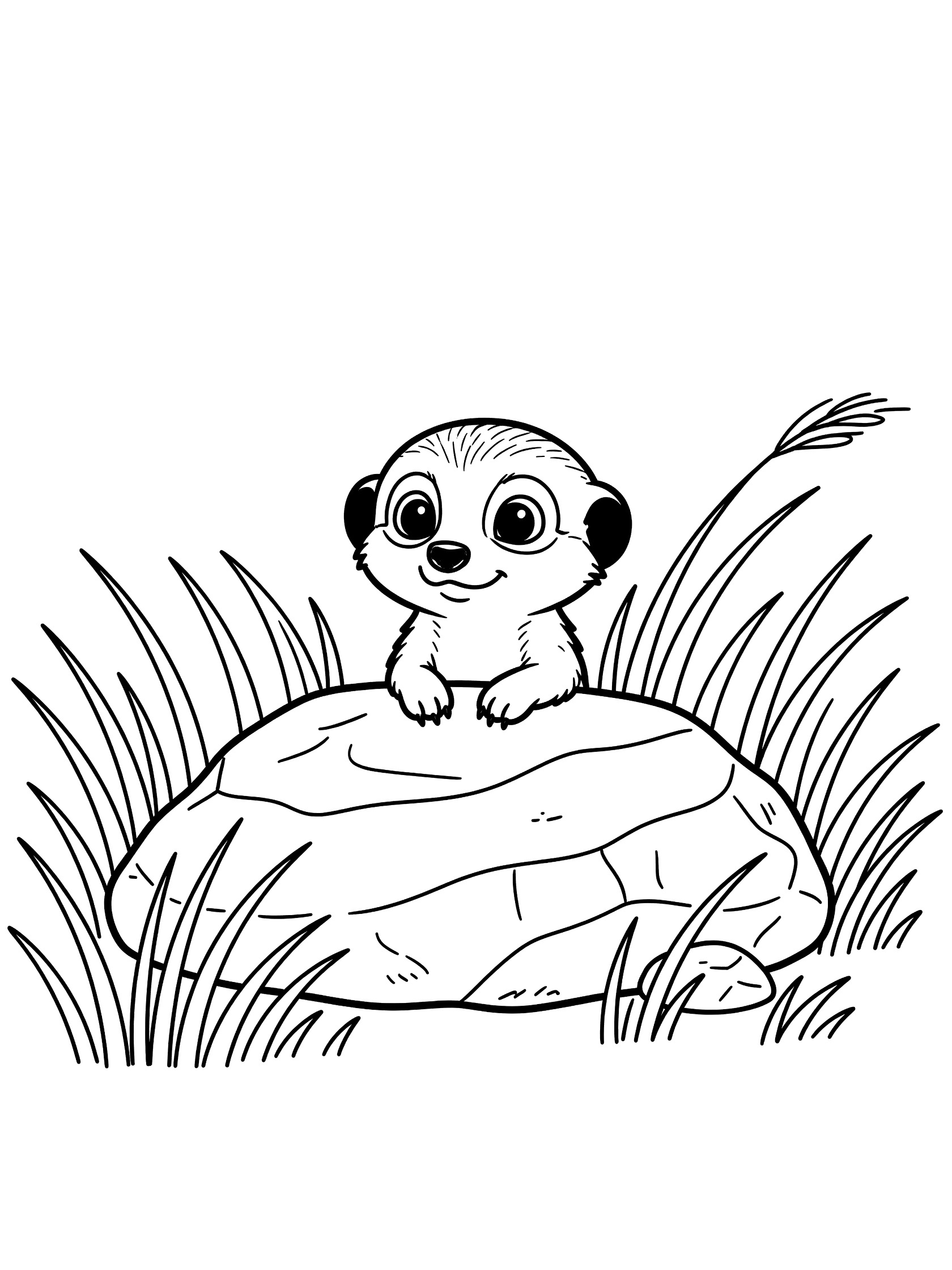 Black and white line art coloring page showing a small baby meerkat with big eyes peeking over a round rock surrounded by tall grass blades.