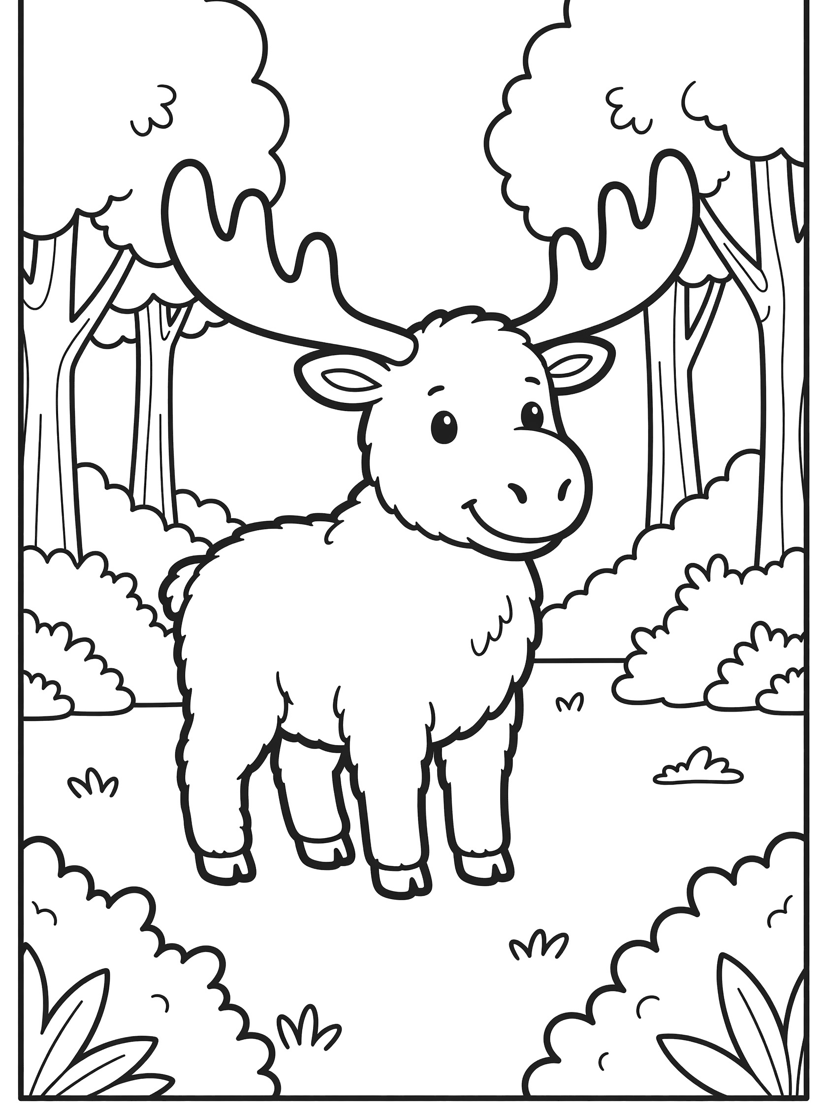 Black and white line art coloring page showing a cute cartoon baby moose with big antlers in a forest clearing surrounded by simple trees and bushes.