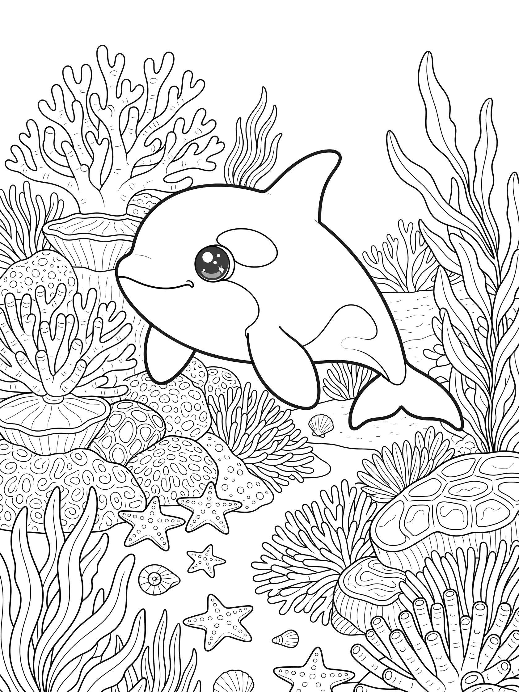 Black and white line art coloring page showing a cute baby orca with big eyes swimming in ocean with coral reefs, swaying plants, starfish and shells.