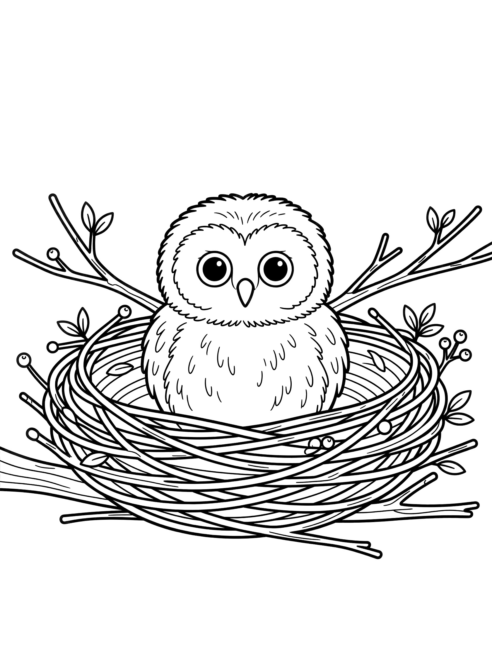 Black and white line art of a fluffy baby owl with big eyes sitting in a nest made of twigs, leaves, and berries.