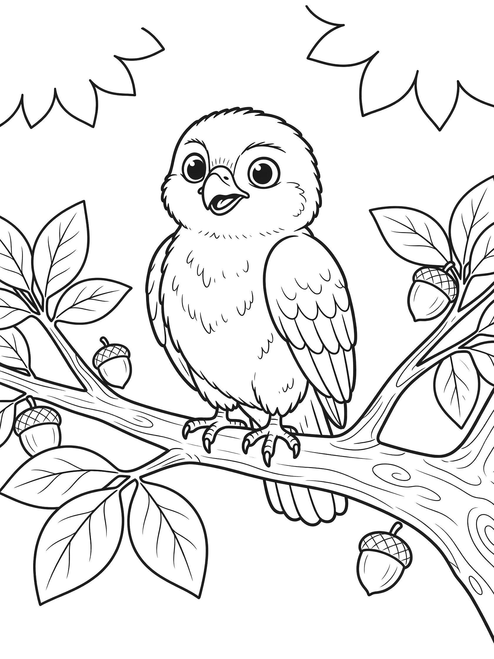 Black and white line art coloring page showing a cute baby owl with big eyes perched on a tree branch surrounded by leaves and acorns. Hawk themed black and white printable line art