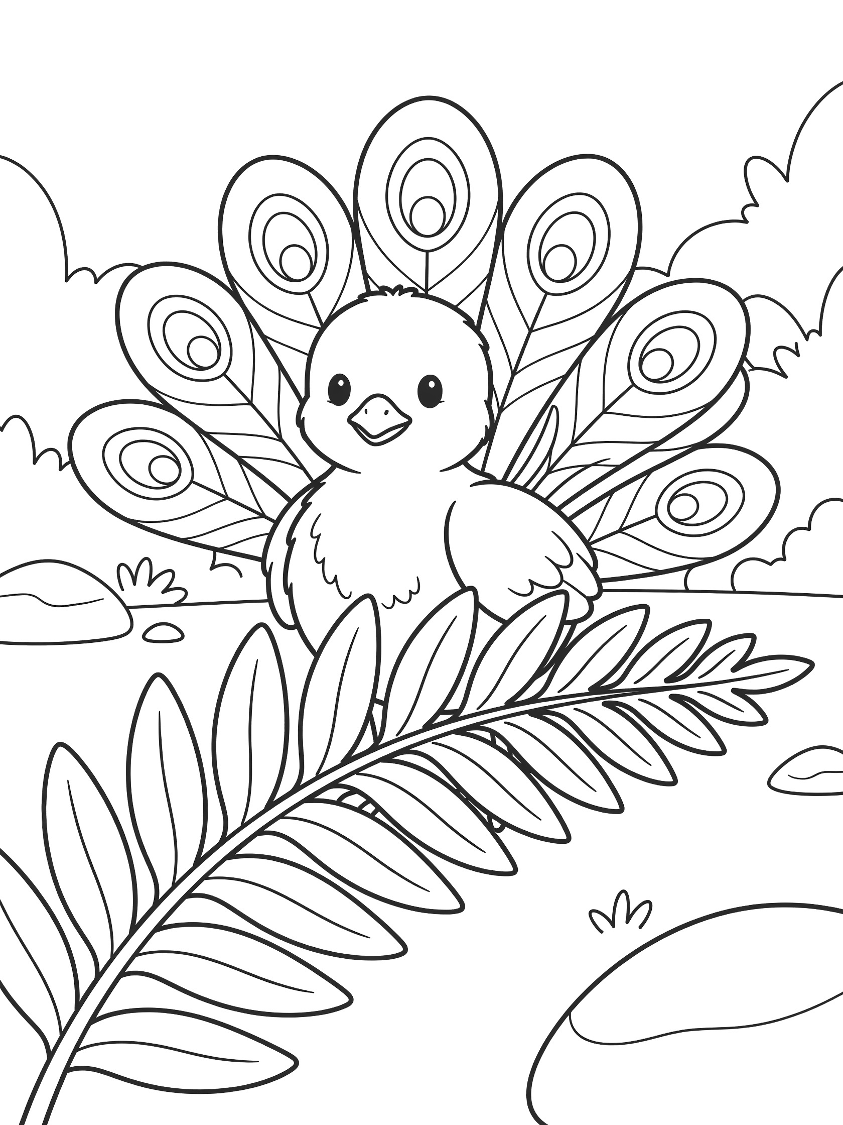 Black and white line art coloring page showing a baby peacock chick facing forward with large tail feathers spread out, standing near big leaves and rocks on a white background.