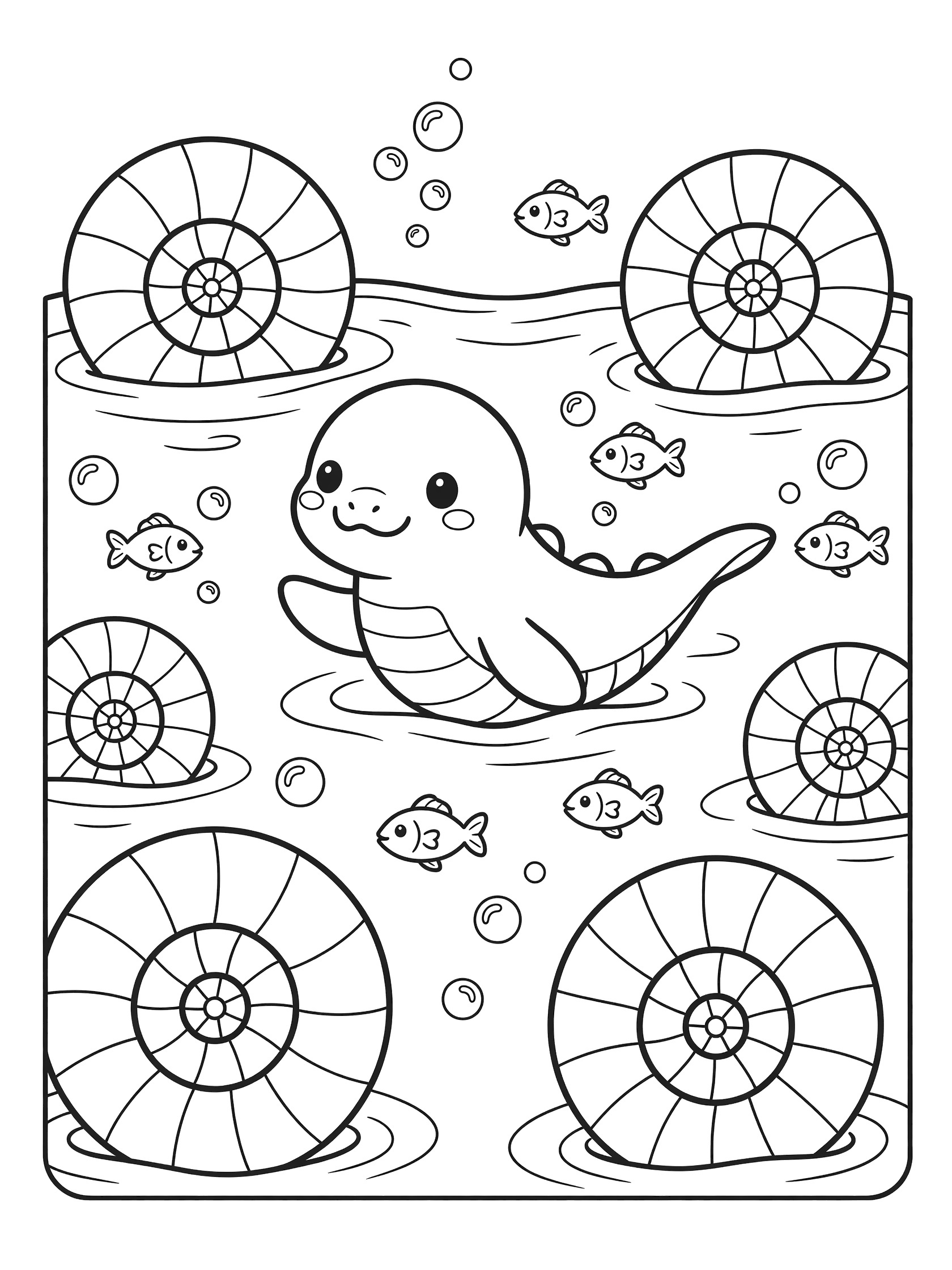 Black and white line art coloring page showing an adorable baby plesiosaur with big eyes swimming in water surrounded by small fish, large spiral ammonites, bubbles, and gentle waves. Mosasaurus themed black and white printable line art