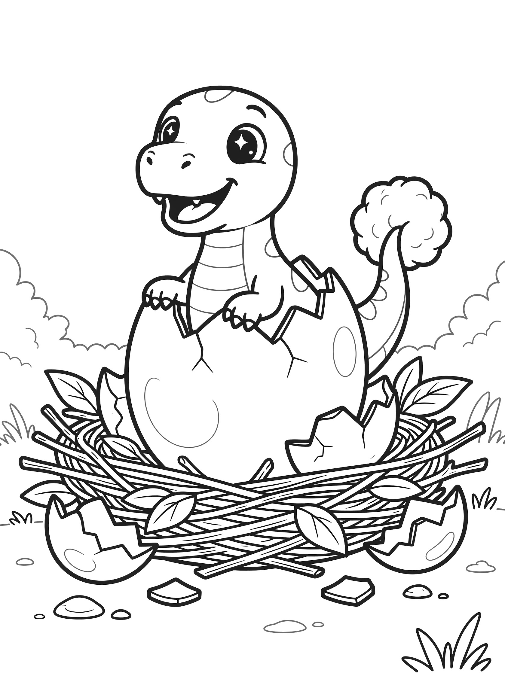 Black-and-white line art coloring page showing a cute cartoon baby Scorpios Rex with big eyes and smile peeking out of a cracked egg in a twig nest with scattered shells.