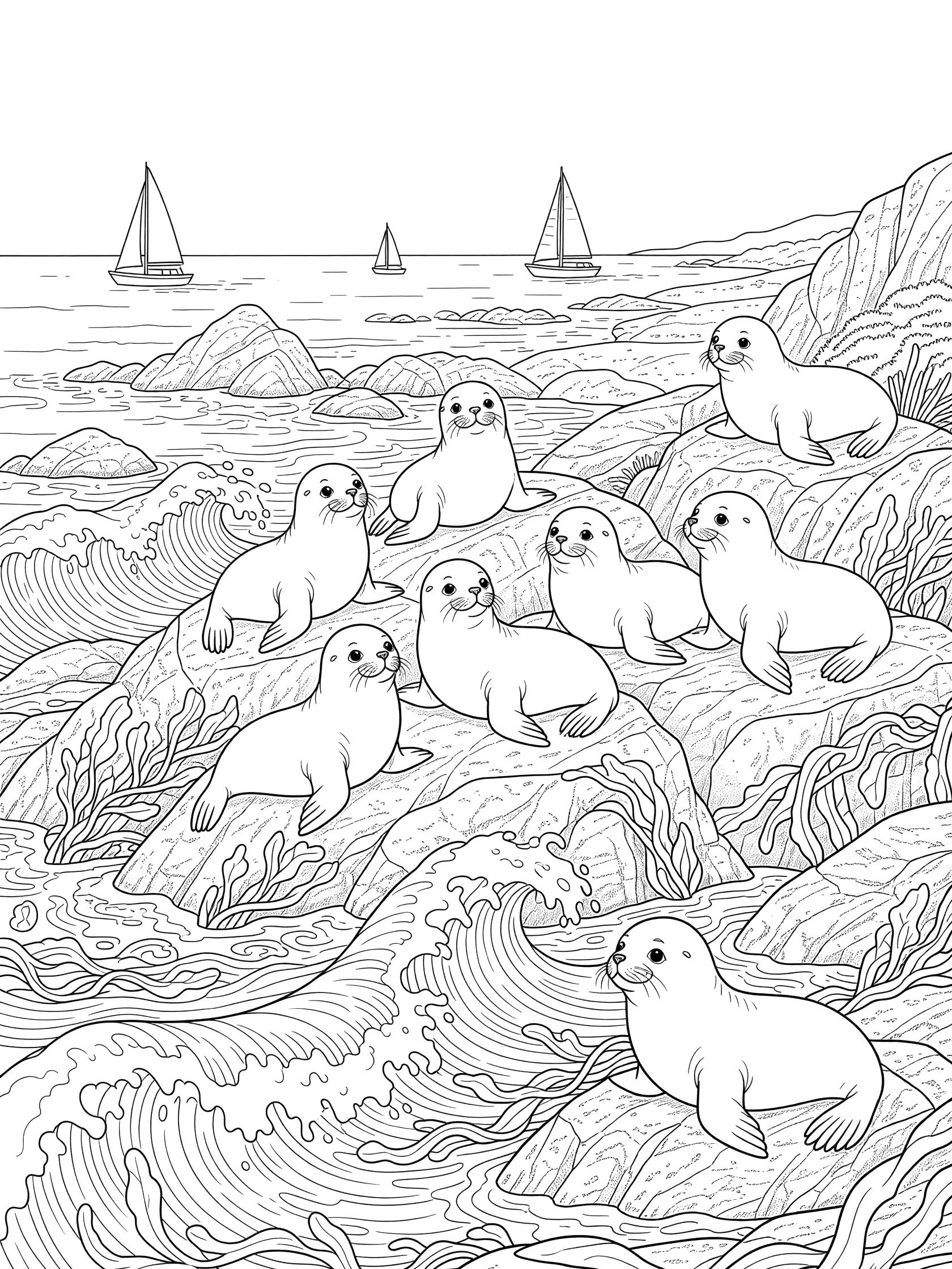 Black and white line art coloring page showing cute baby seals sitting and lounging on rocky shore with crashing waves, kelp, and distant sailboats on the sea. Santa Barbara themed black and white printable line art