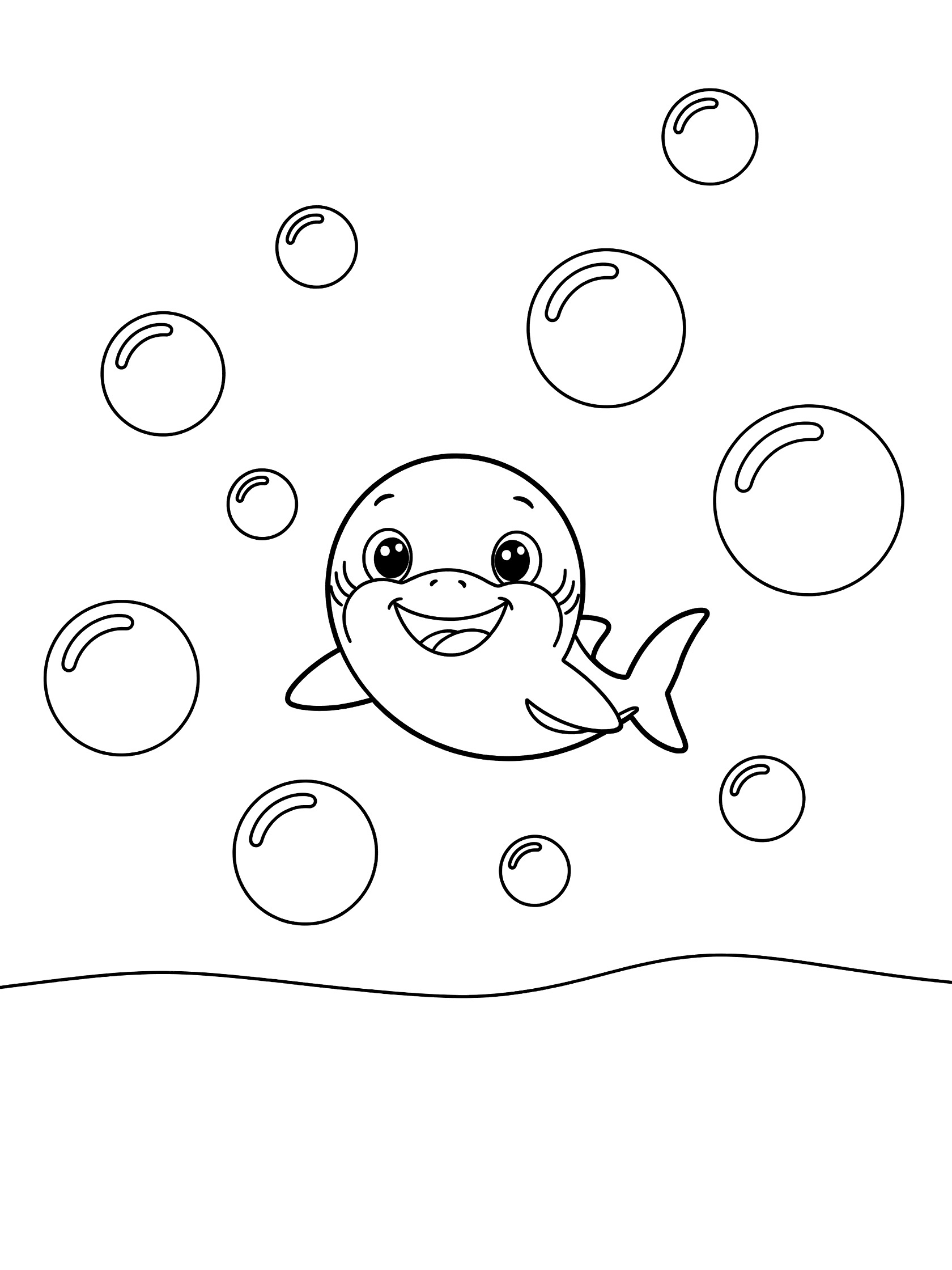 Black and white line art coloring page showing a cute baby shark with smiling face, wide eyes, wiggling fins, chasing large round bubbles above wavy bottom lines on white background.