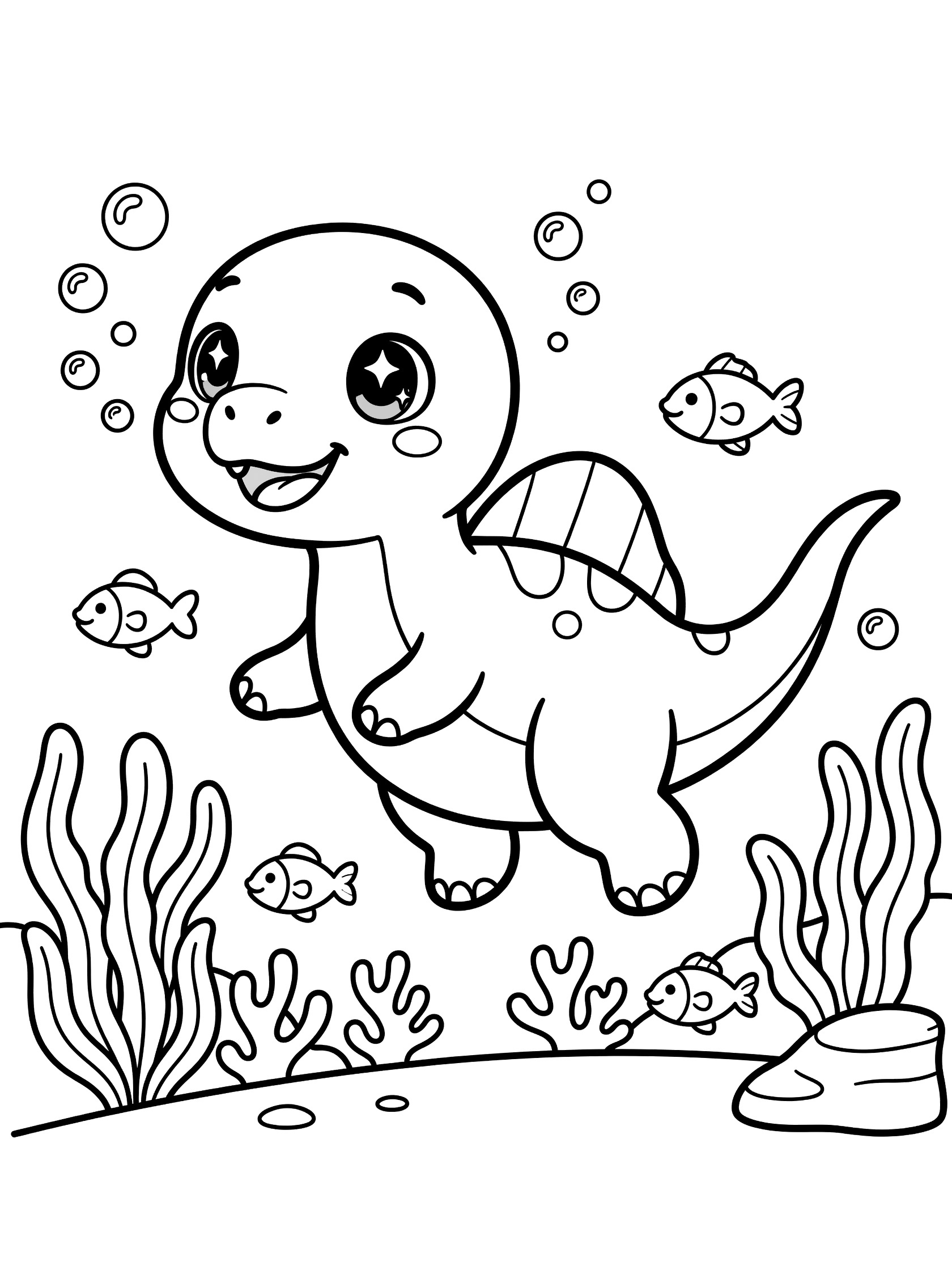 Black and white coloring page showing a kawaii baby Spinosaurus paddling underwater with short legs, tail swish, bubbles, playful fish, seaweed, and coral