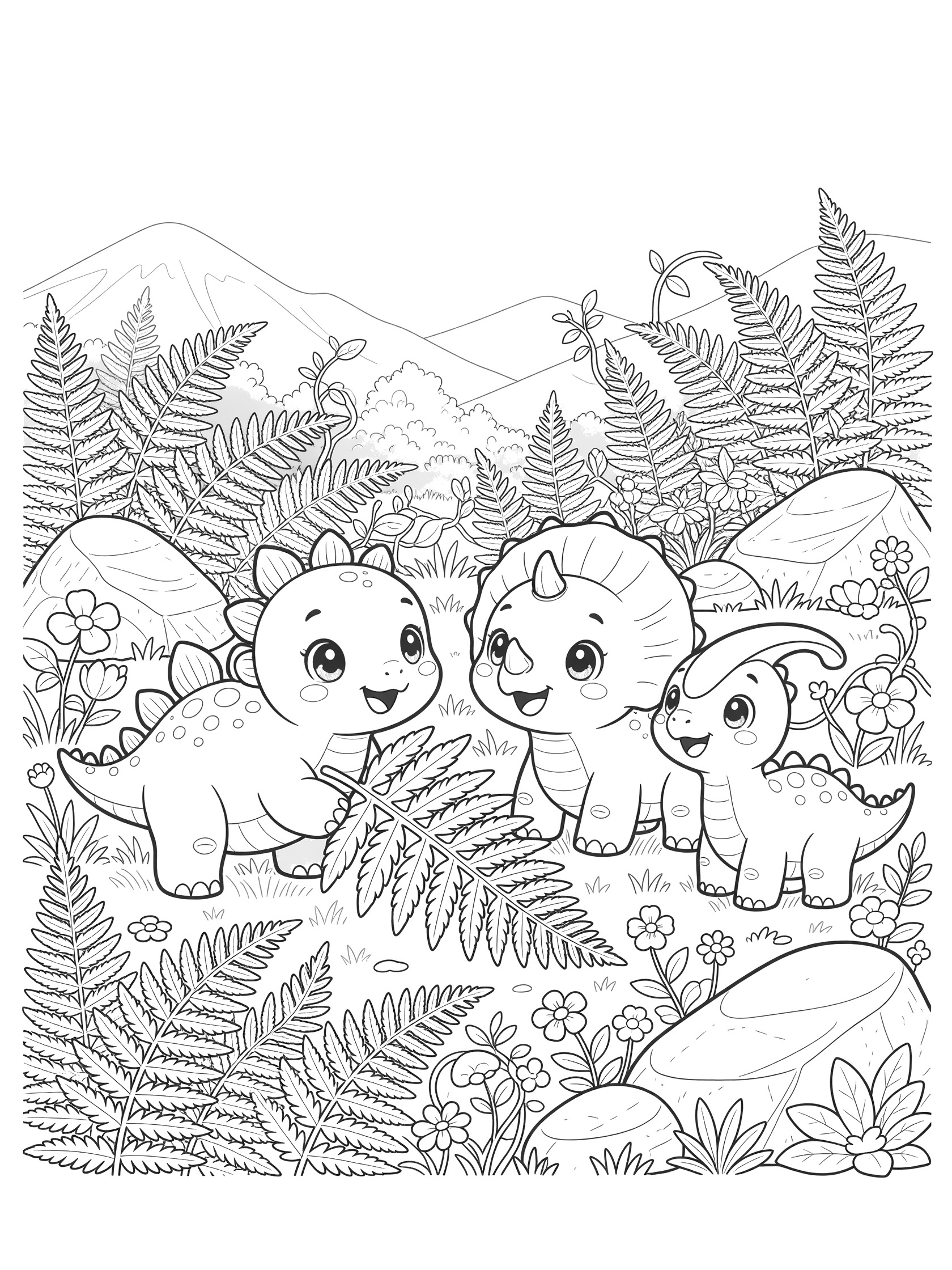 Black-and-white line art coloring page showing a cute baby Stegosaurus with tiny plates leading baby Triceratops and Parasaurolophus in play amid ferns, flowers, vines, rocks, and misty hills.