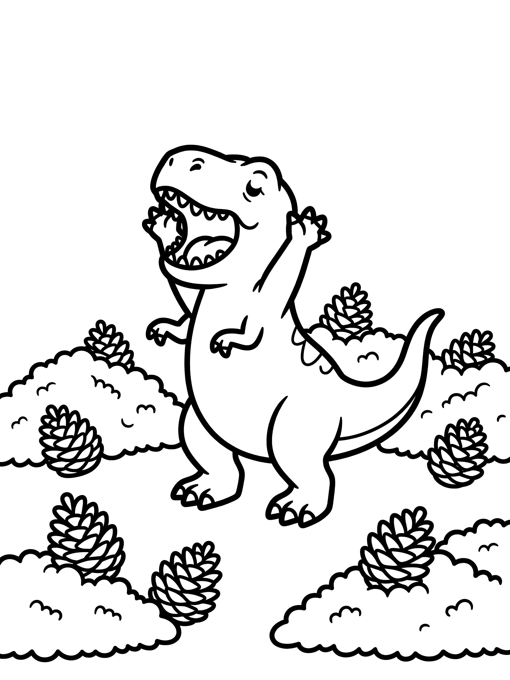 Black and white line art coloring page showing a baby T-Rex dinosaur standing on two legs, roaring with mouth wide open and tongue out, short arms raised up, long tail curled behind, surrounded by many pine cones on the ground.