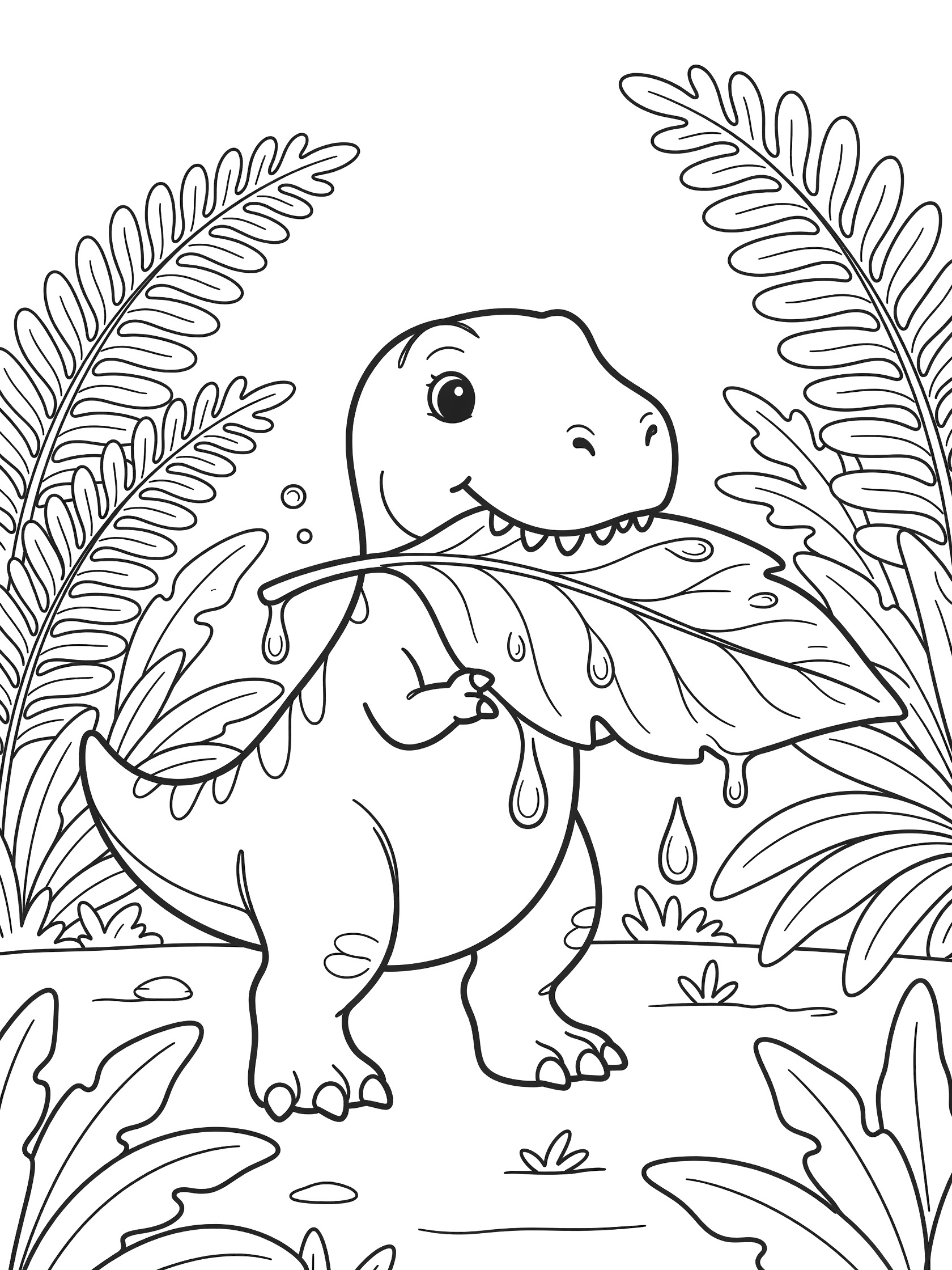 Black and white line art coloring page showing a cute baby T-Rex dinosaur with big eyes happily eating a large leaf with droplets, standing among ferns in a forest.
