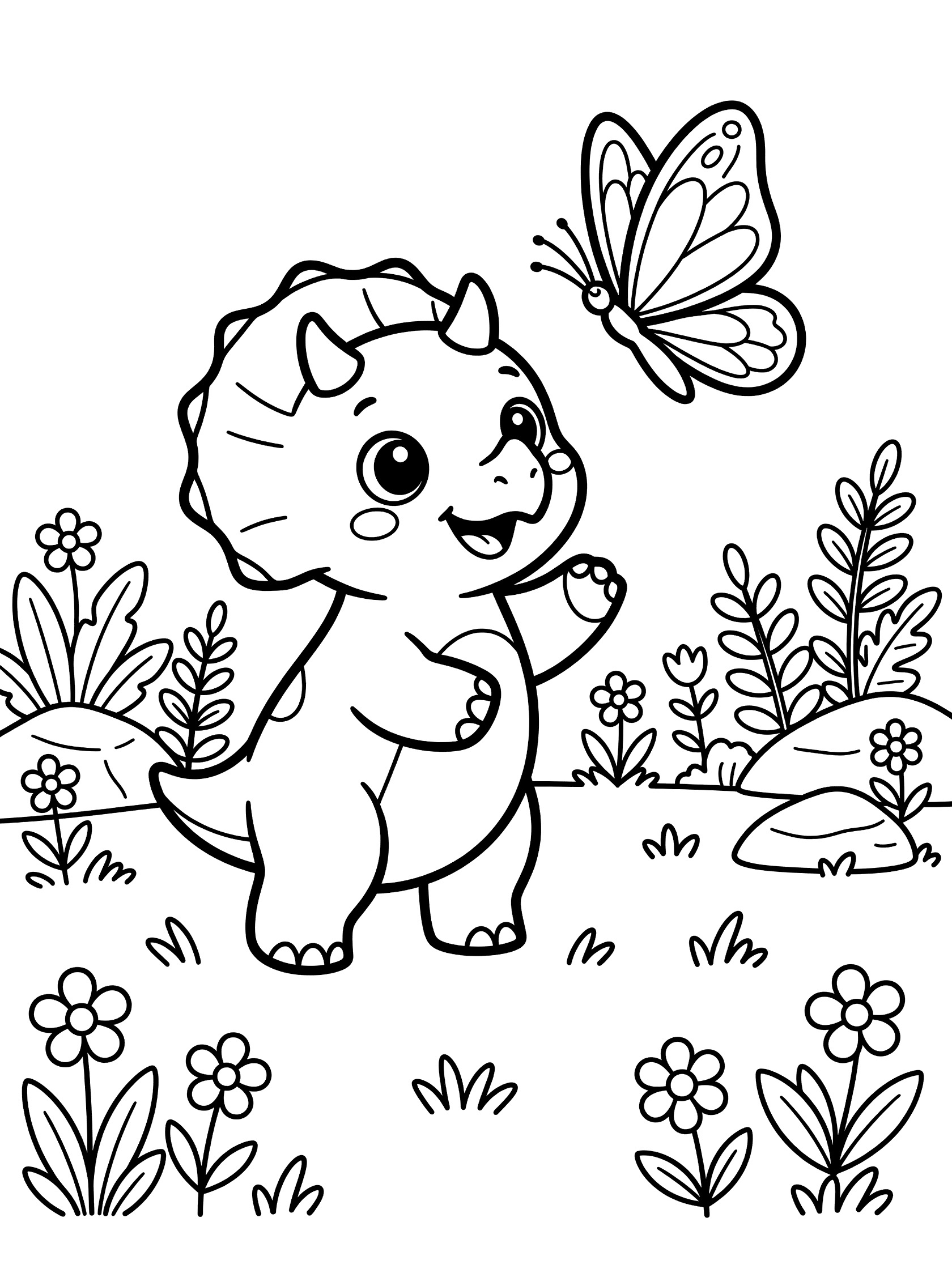 Black and white line art of a chubby baby Triceratops with big eyes and tiny horns rearing up to catch a fluttering butterfly amid prehistoric plants and wildflowers.