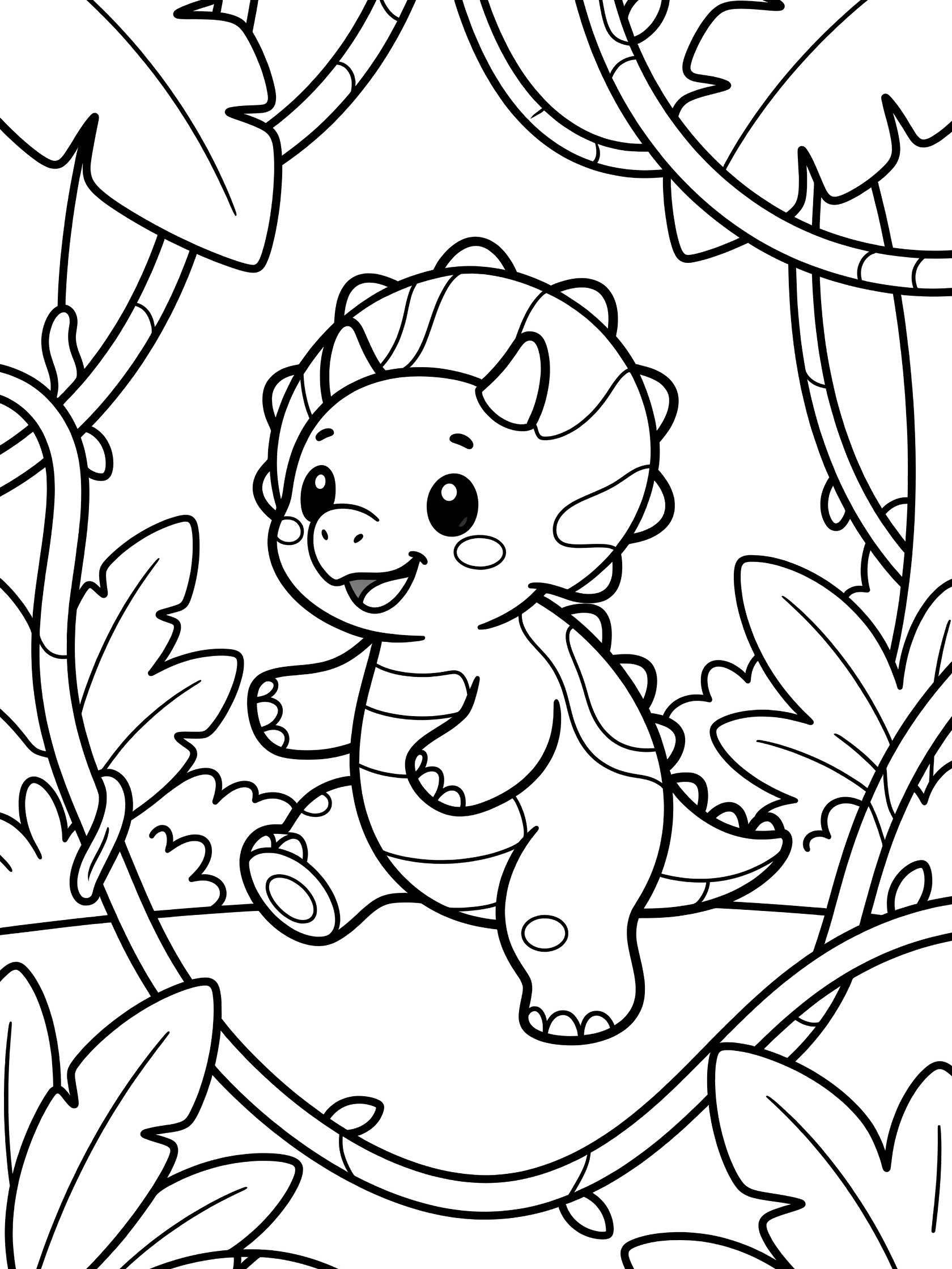 Black and white line art of a cute baby triceratops with three horns and frill, smiling with big eyes, standing on one foot amid jungle vines and large leaves. Stegoceratops themed black and white printable line art