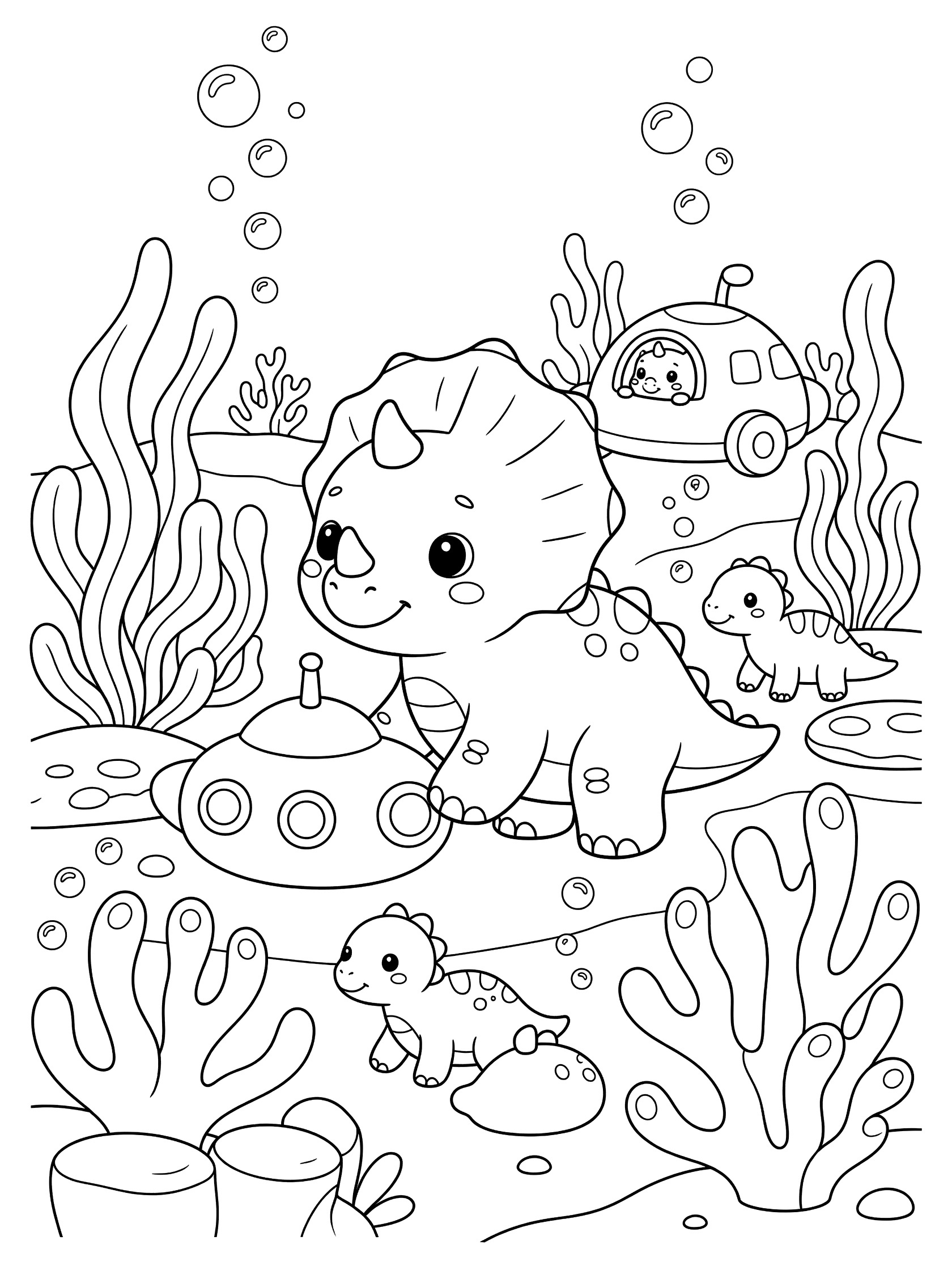 Black and white printable coloring page showing a big-eyed baby triceratops dinosaur with smaller ones, surrounded by bubbles, tall seaweed, rocks, and a small submarine with a window.