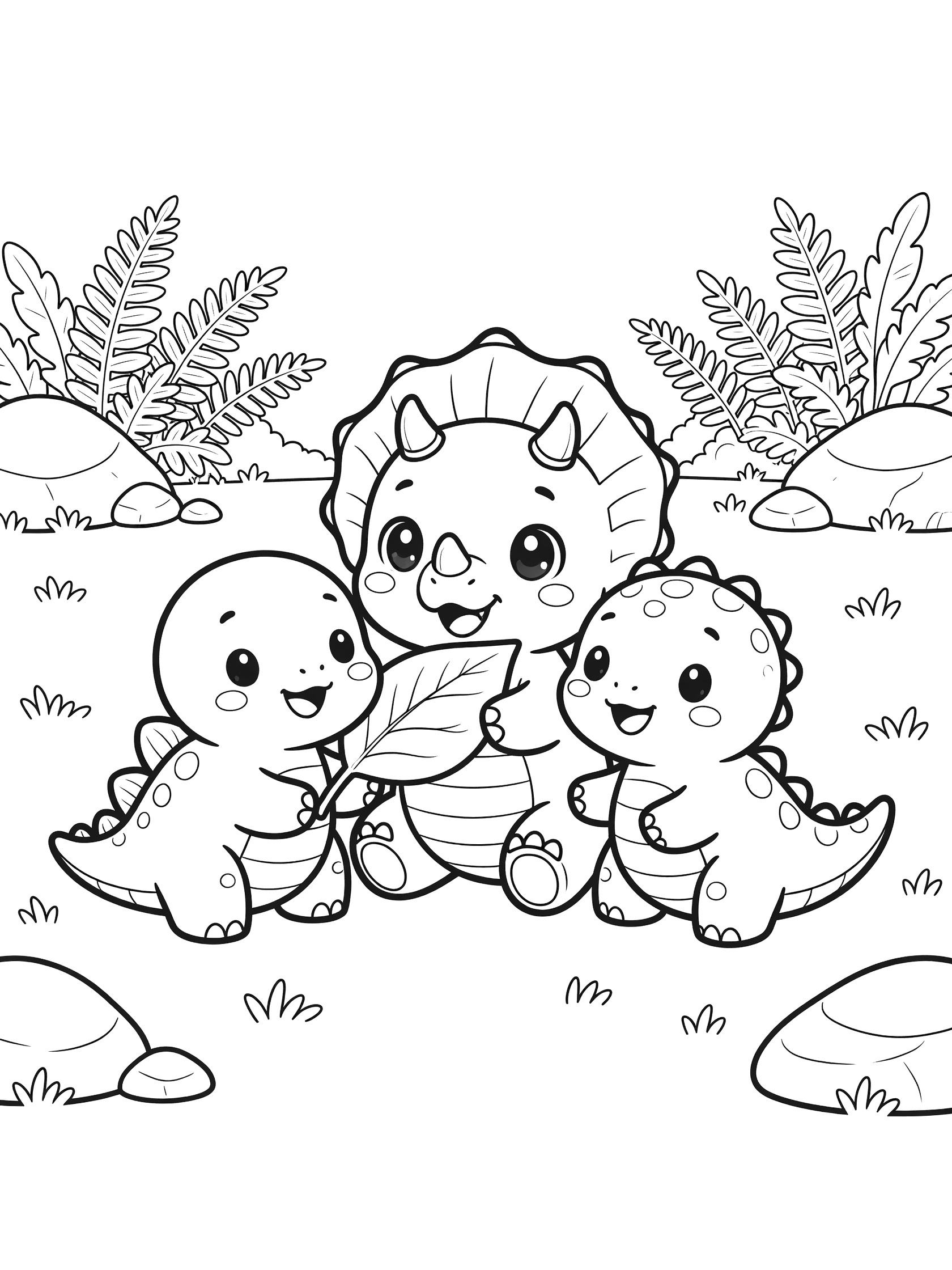 Kawaii baby Triceratops with tiny horns and frilly crest nudging a leaf to smiling baby Stegosaurus and Ankylosaurus in a prehistoric meadow coloring page
