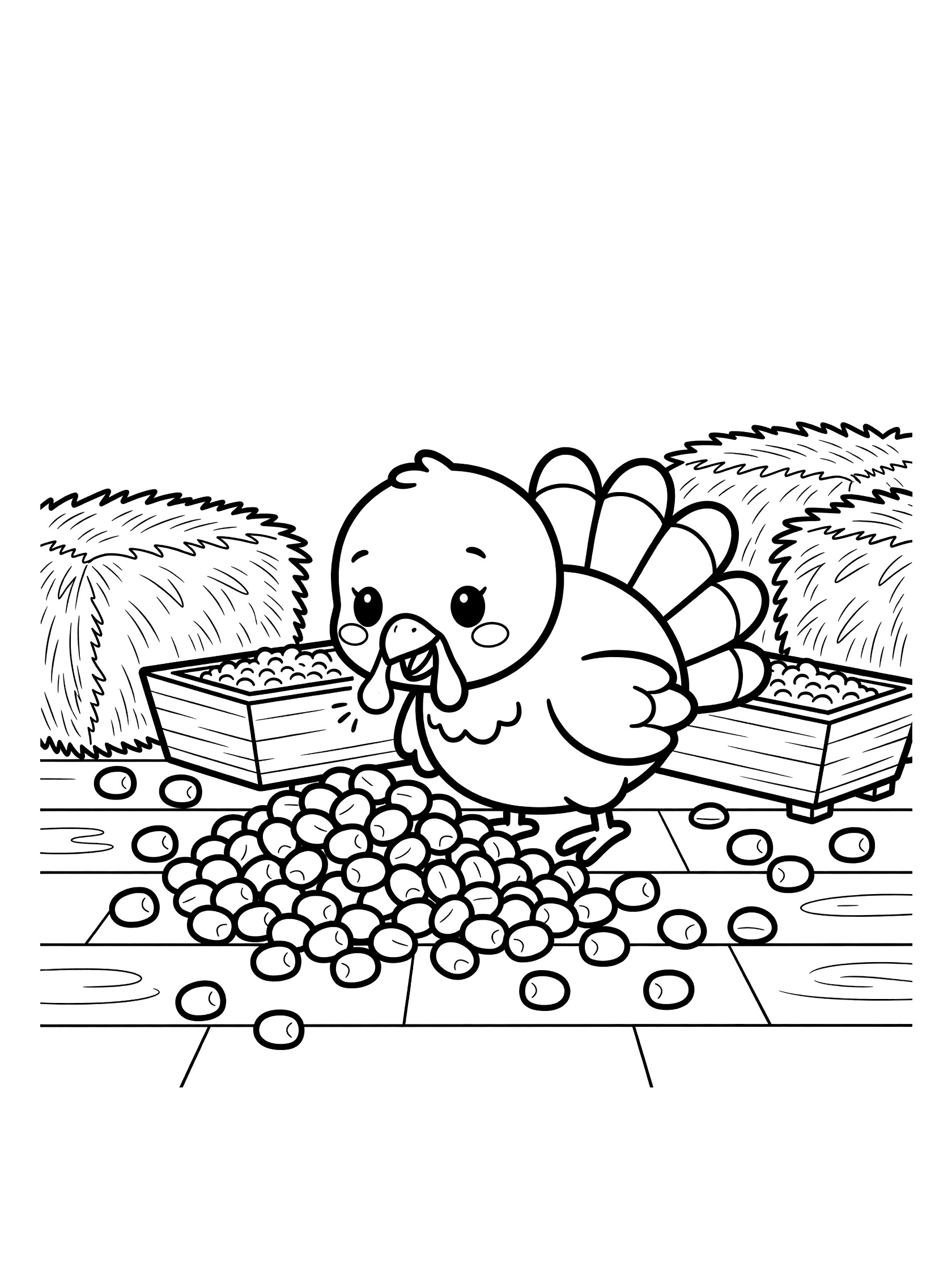 Black and white line art coloring page showing a cute baby turkey eating scattered corn kernels near hay bales and a wooden trough in a barn setting.