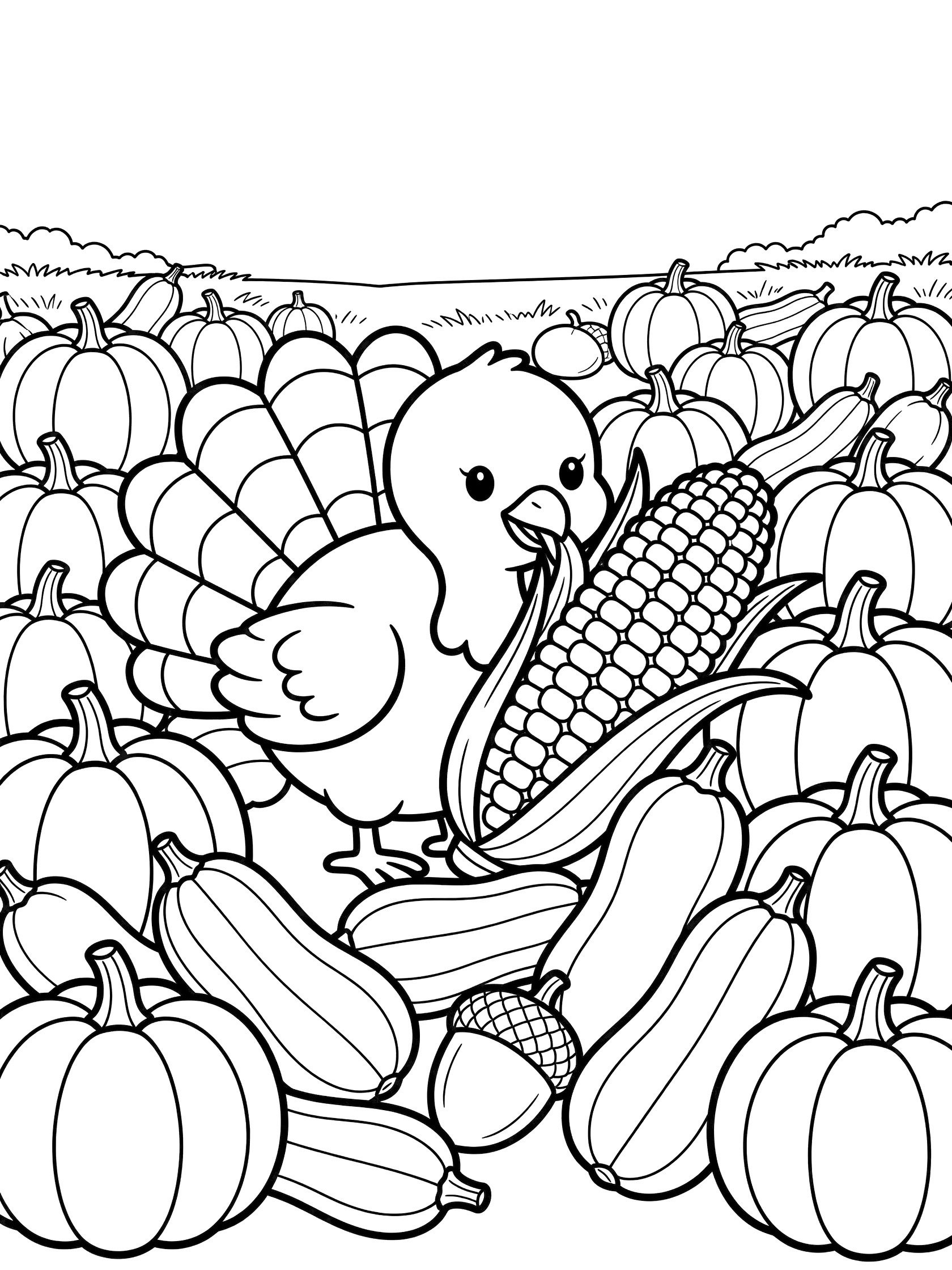 Black and white line art coloring page showing a small turkey with tail feathers eating a corn cob amid piles of pumpkins, squash, and acorns in a harvest patch. Turkeys themed black and white printable line art