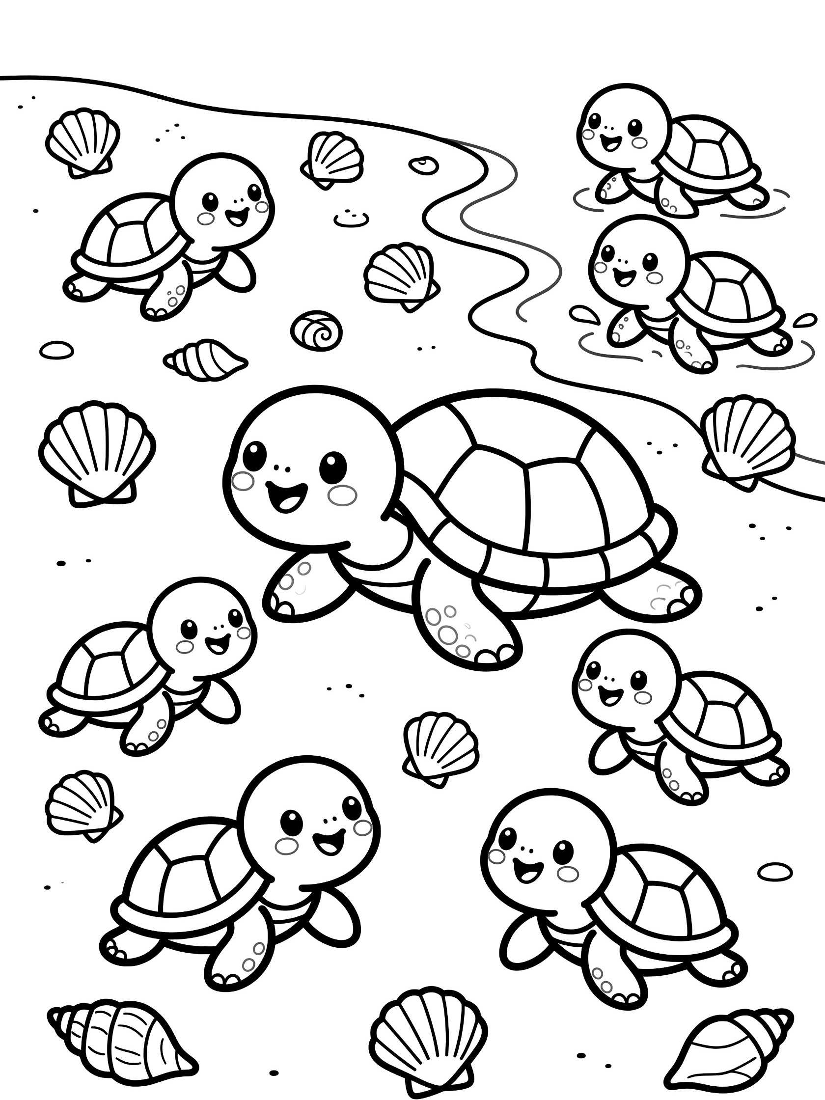 Black and white line art coloring page showing a large mom turtle surrounded by small baby turtles on sandy beach with scattered shells and wavy water. Snapping Turtle themed black and white printable line art