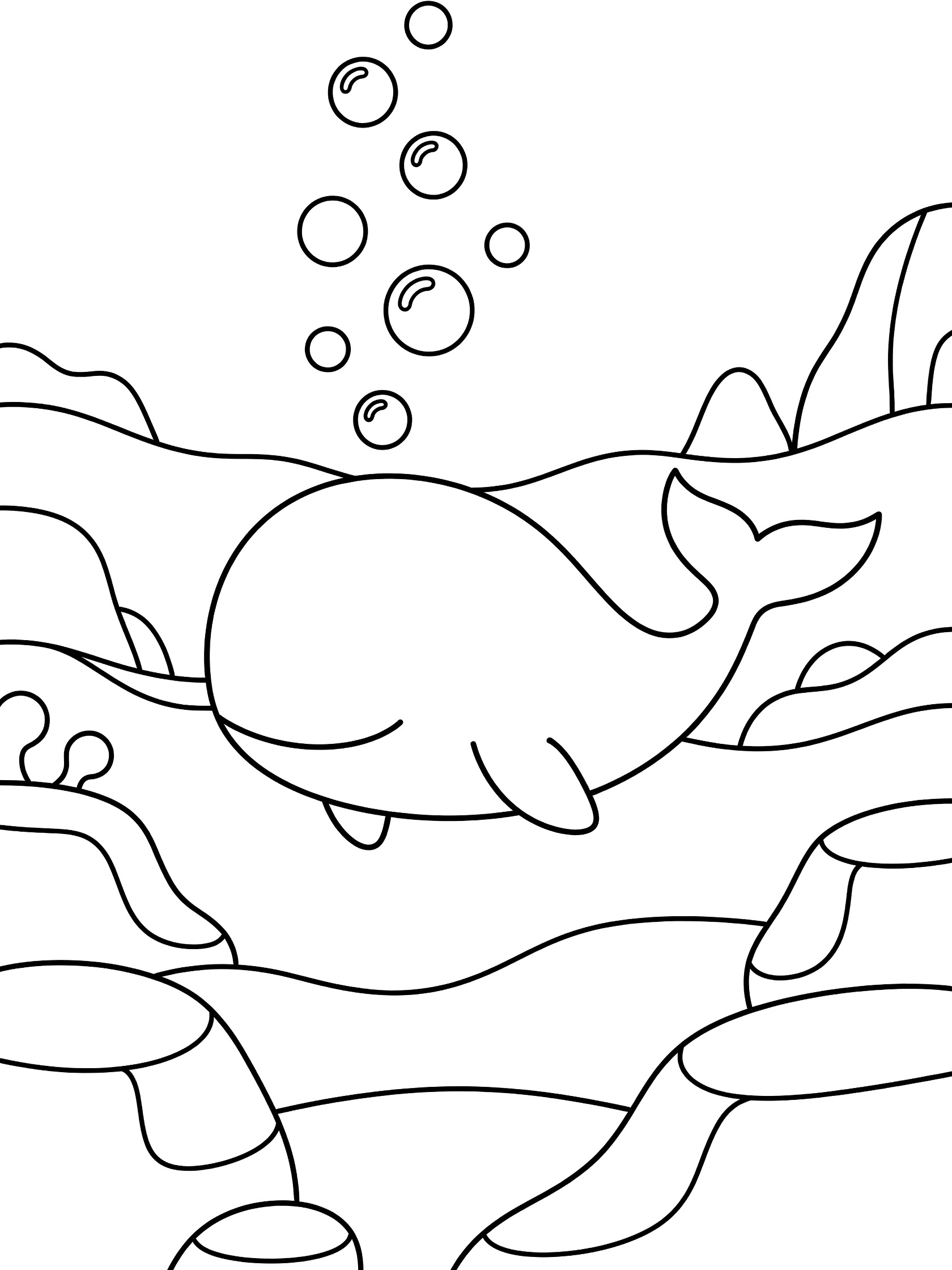 Black and white line art coloring page showing a round baby whale with smile, simple fins and tail, surrounded by large round bubbles and wavy seaweed lines.