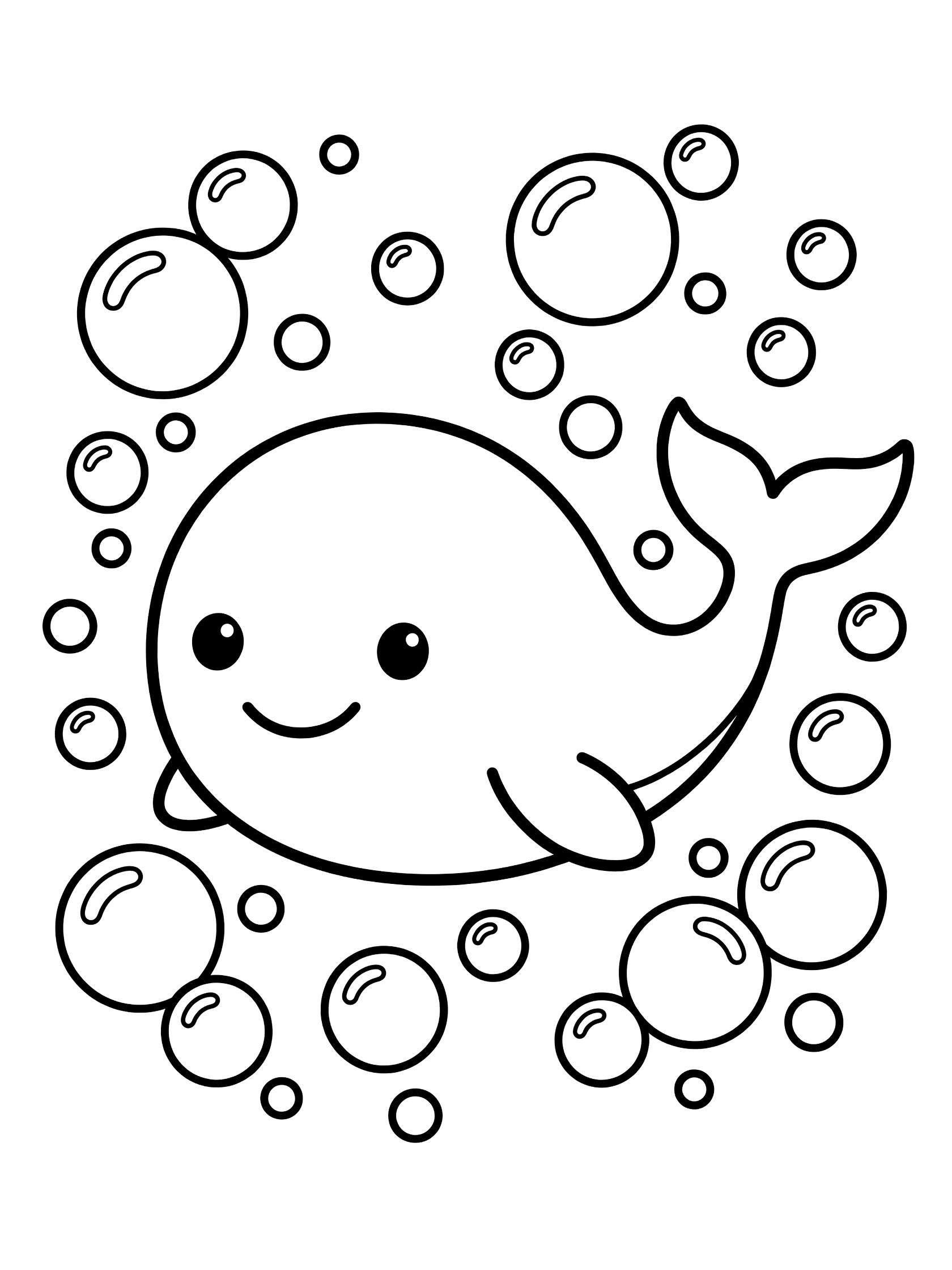 Black and white coloring page showing a cute baby whale with smiling face, flippers, tail fin, and clusters of round bubbles around it