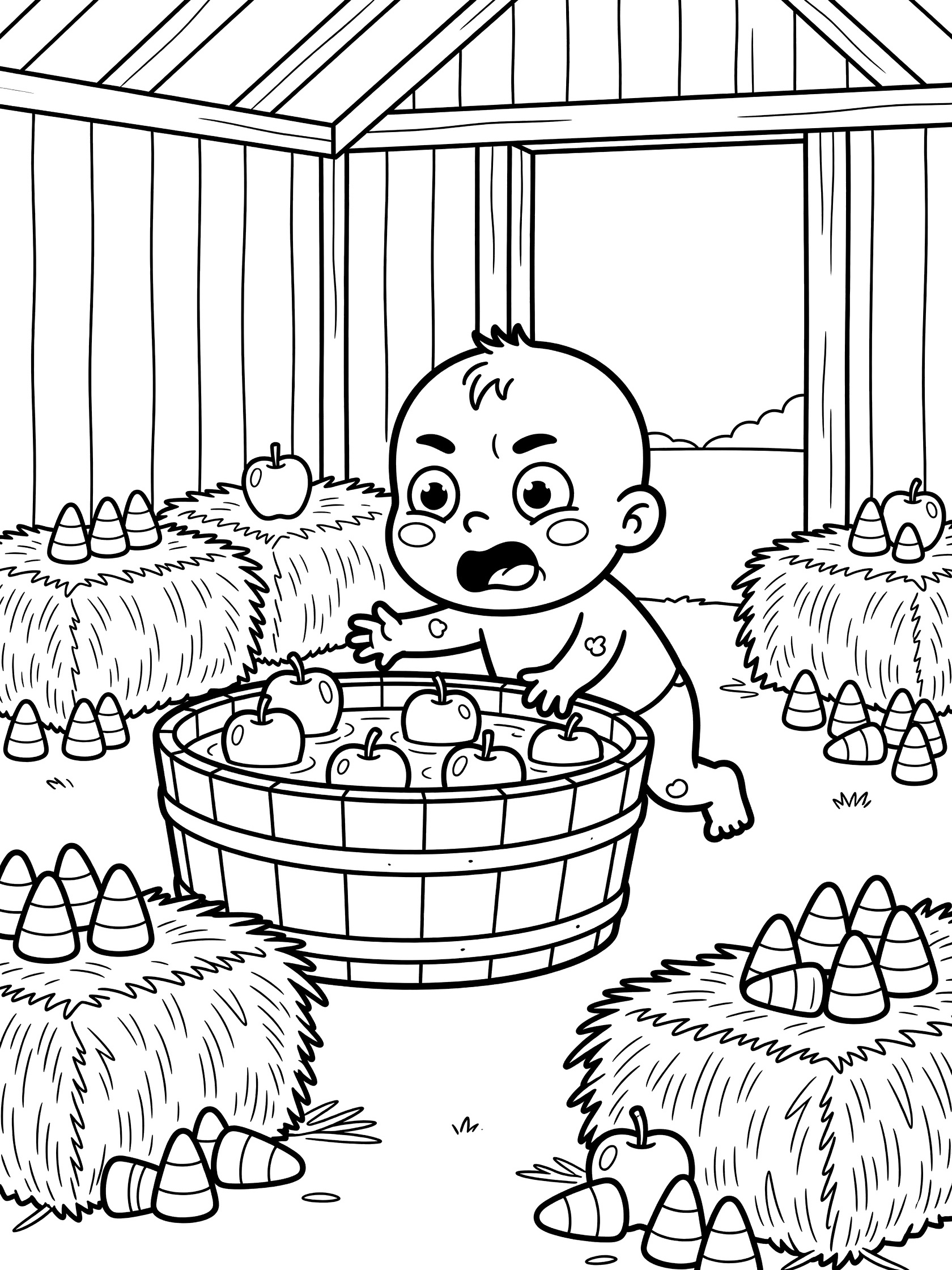 Adorable zombie baby with determined face bobbing for floating apples in a wooden tub inside a Halloween barn, surrounded by hay bales and piles of candy corn, line art coloring page