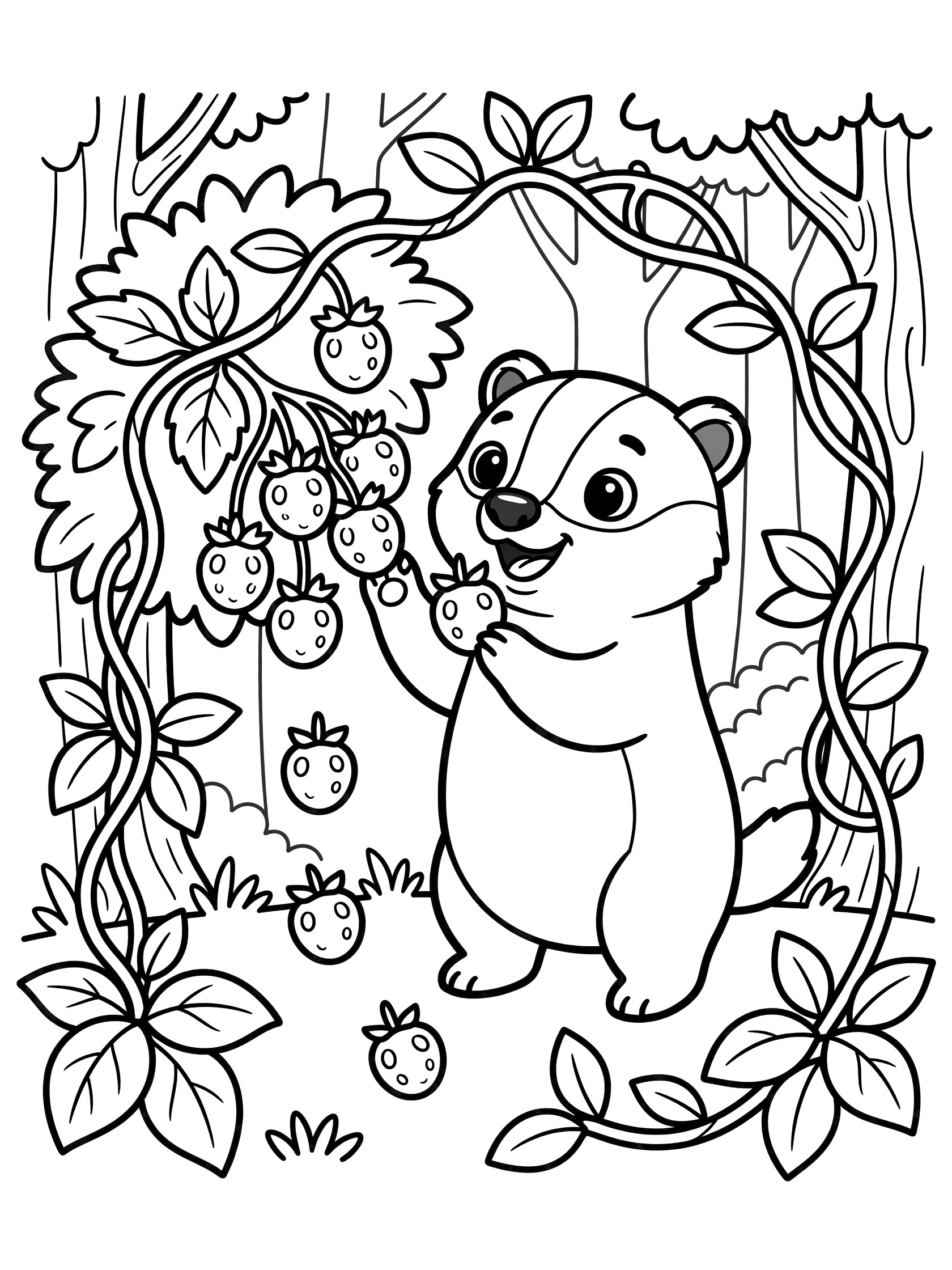 Black and white line art coloring page showing a cute badger holding and eating strawberries on a bush surrounded by forest leaves and vines.