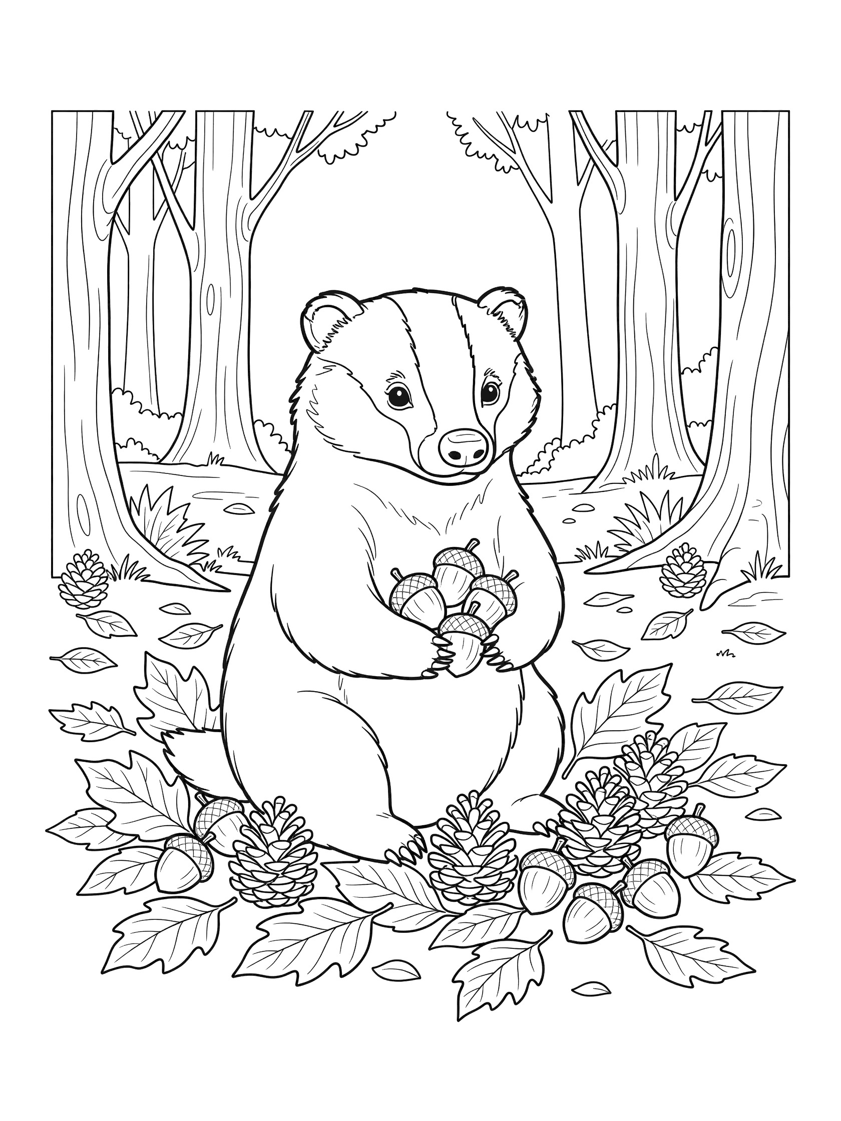 Black and white line art coloring page showing a cute badger sitting upright holding a pile of acorns in its paws, with fallen leaves, pinecones and forest trees around it.