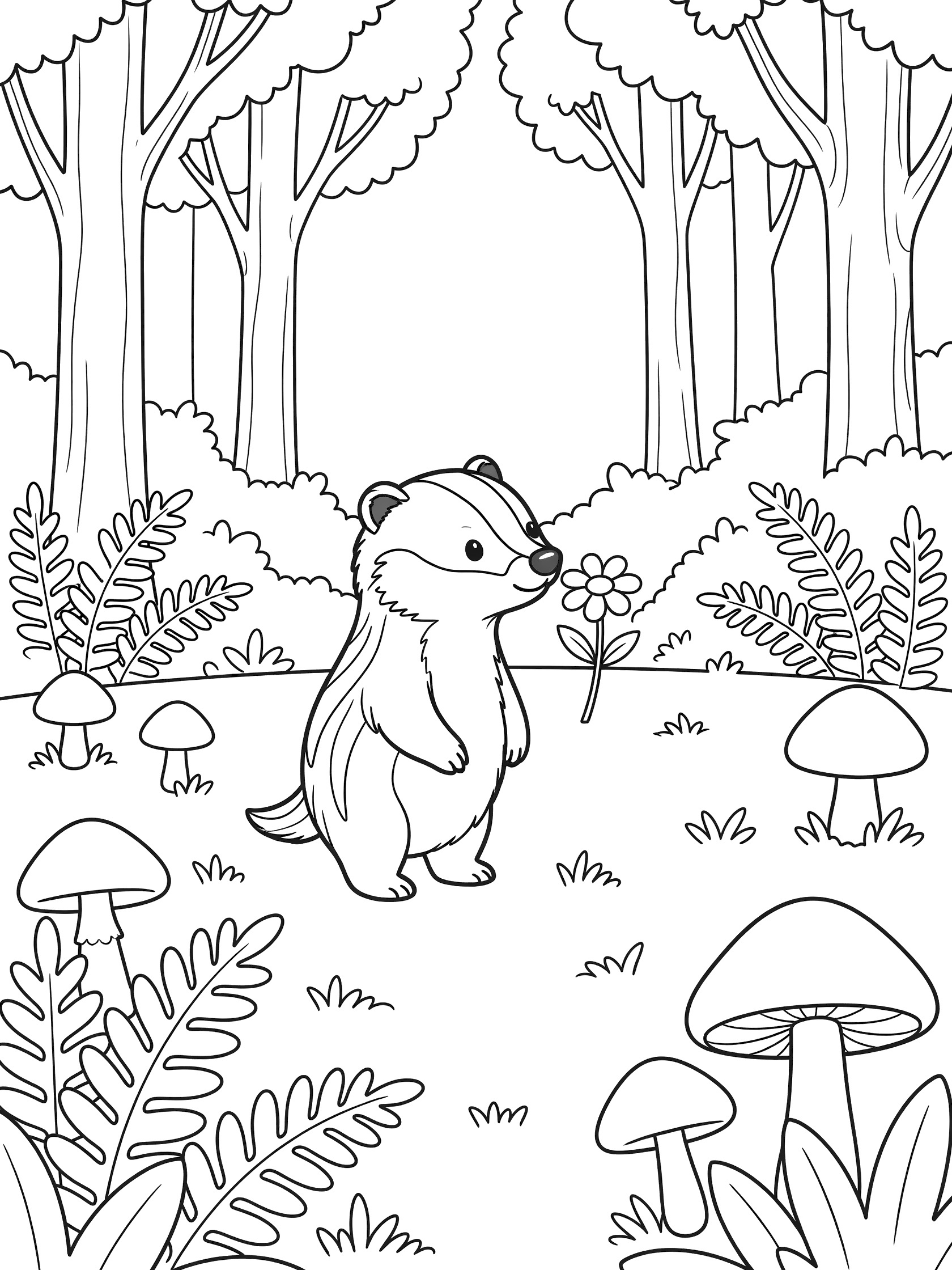 Printable coloring page showing a cute badger on hind legs smelling a daisy flower in a forest with tall trees, bushes, ferns, mushrooms and grass on the ground.