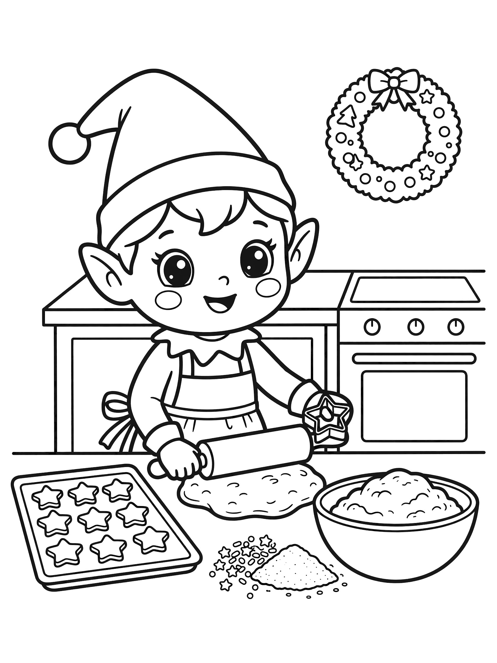 Black and white coloring page of a kawaii elf with pointy hat and apron rolling out cookie dough on a counter with star cookies, mixing bowl, flour, sprinkles, oven, and holiday wreath.