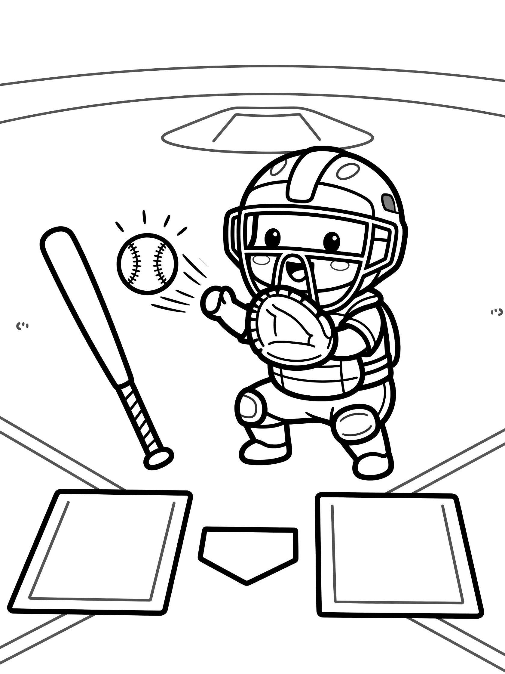 Black and white line art of a cute catcher in gear squatting to catch a baseball with mitt, bat propped up, home plate and diamond outlines.