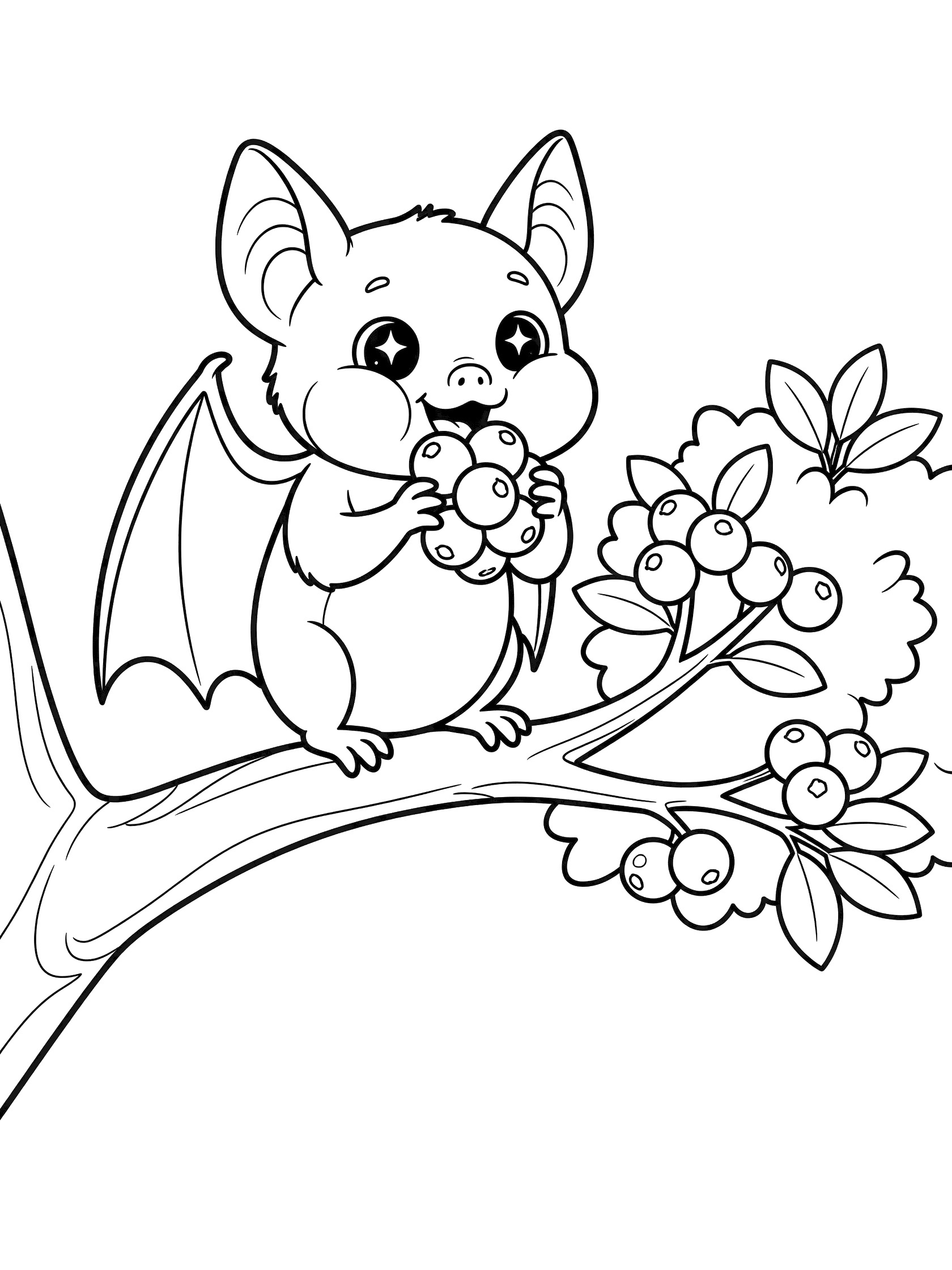 Black and white line art coloring page showing a cute bat with big eyes sitting on a tree branch holding and eating clusters of berries with its paws.