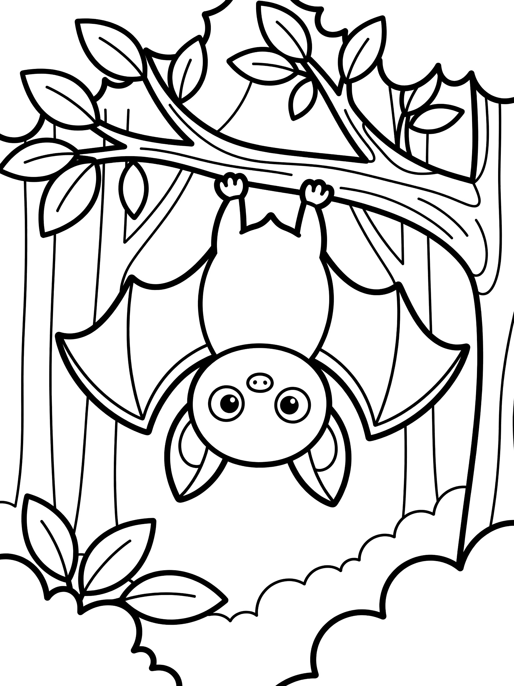 Printable coloring page showing a friendly bat with big eyes hanging upside down from a tree branch, surrounded by simple leaves in a forest scene, bold line art.