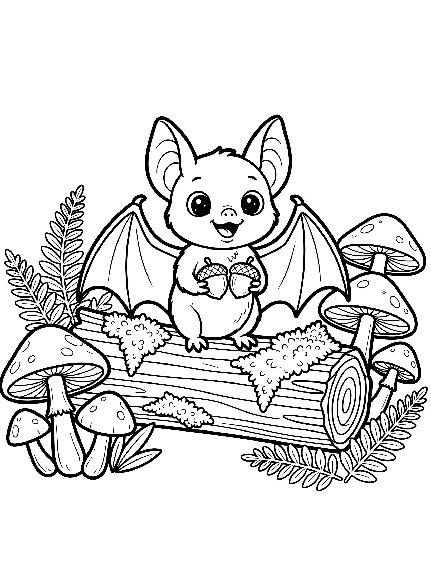 Black and white line art coloring page showing a cute bat sitting on a mossy log holding acorns, surrounded by mushrooms and ferns.