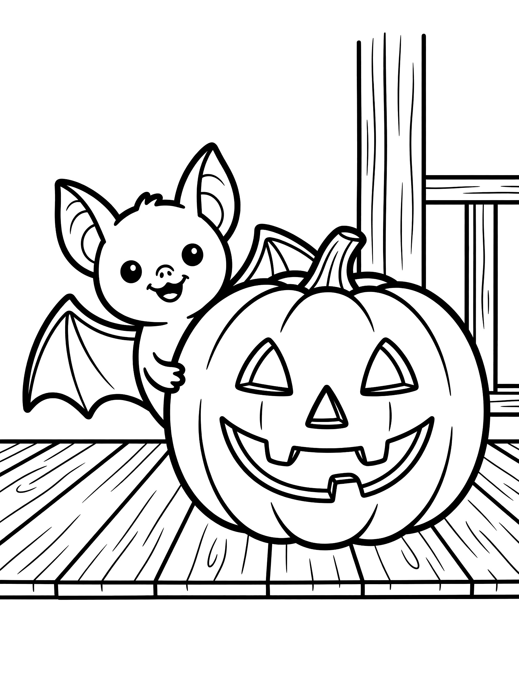 Cute bat peeking playfully behind a carved jack-o'-lantern pumpkin with triangle eyes and wide grin on a wooden porch, line art coloring page