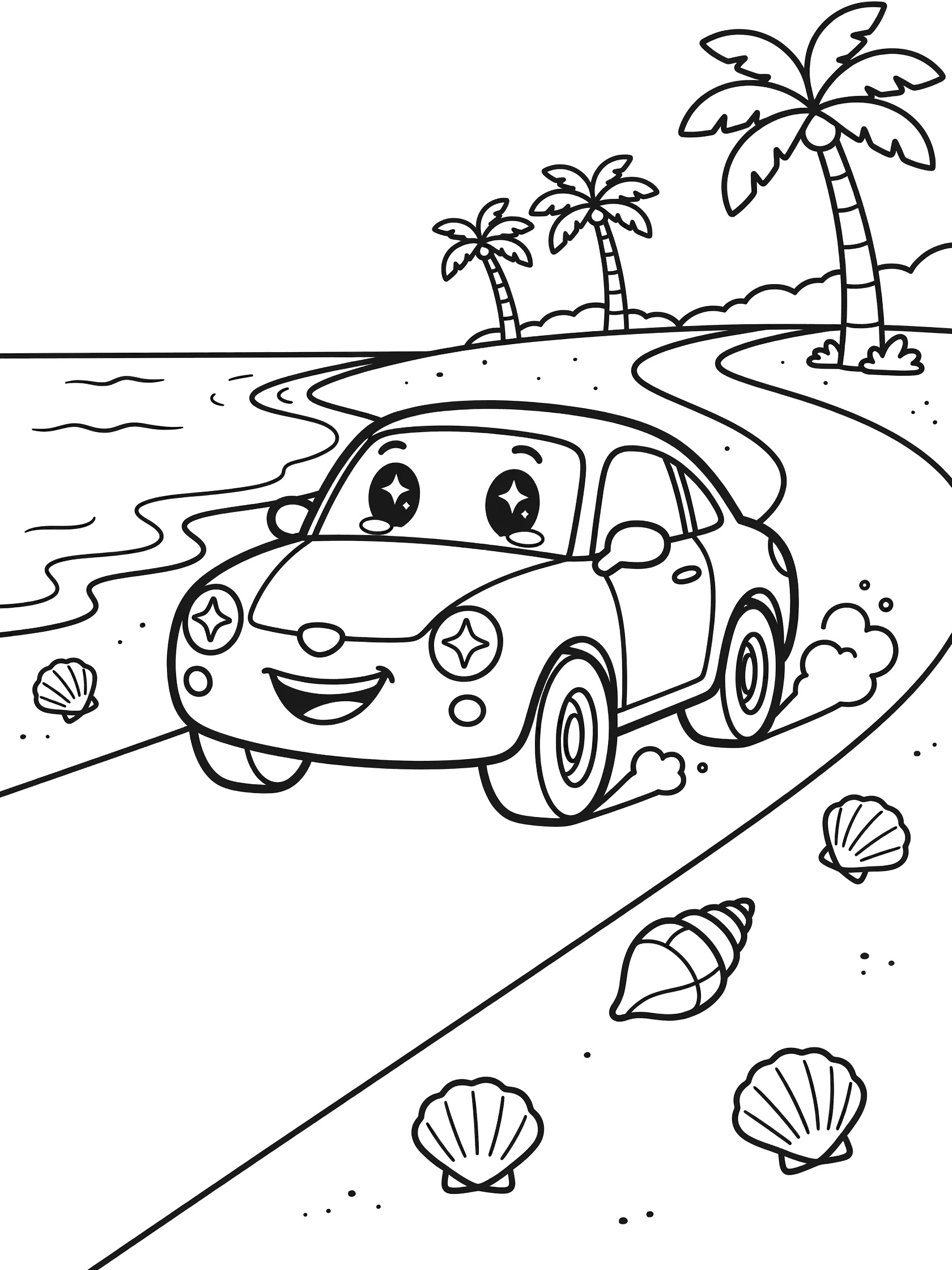 Kawaii-style line art coloring page showing a happy coupe car driving along a beach road with waves, seashells on sand, palm trees, and sand puffs from wide tires.