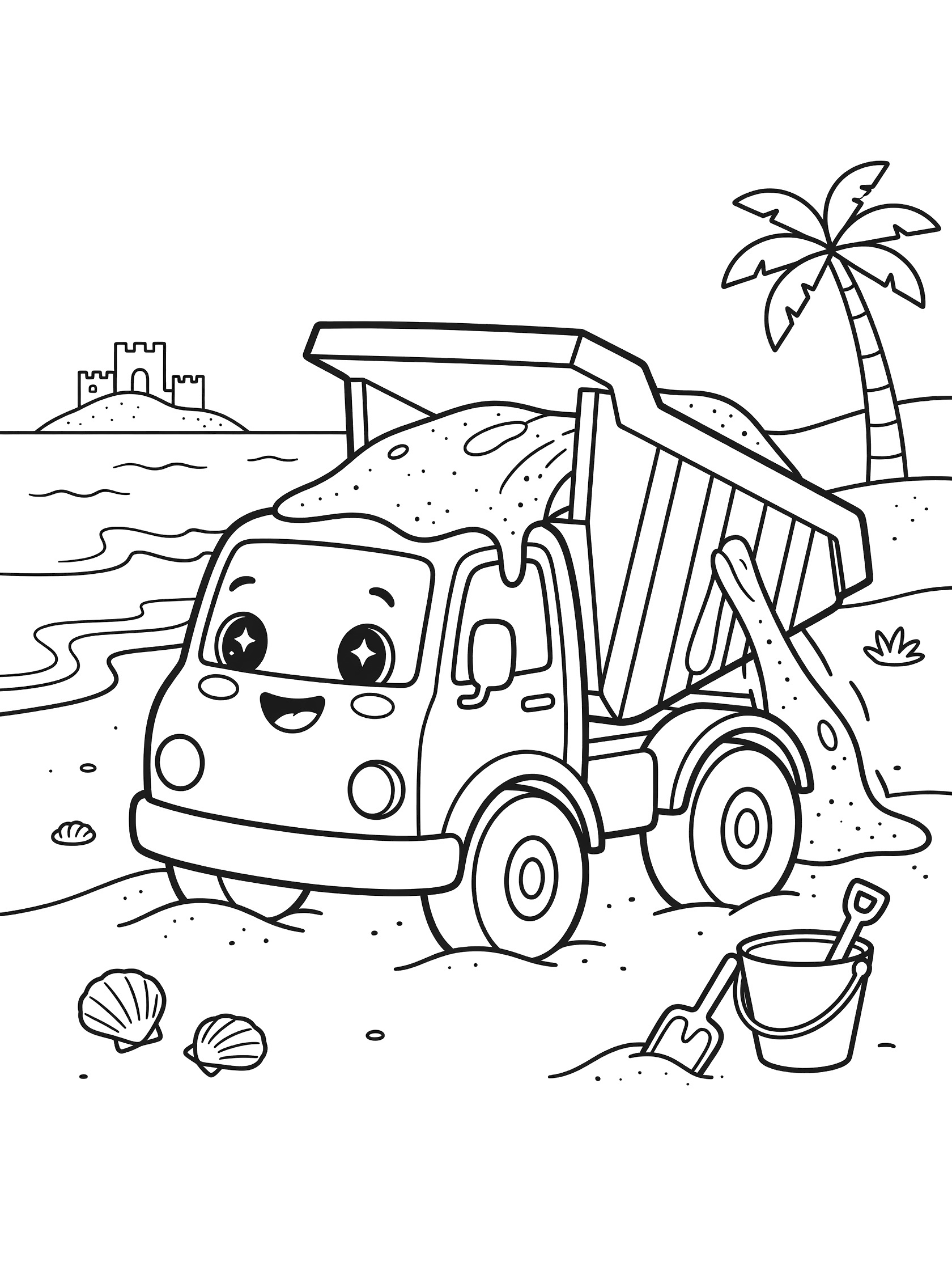 Kawaii dump truck with big eyes and smile dumping sand on beach coloring page, with bucket, shovel, seashells, waves, sandcastle and palm tree