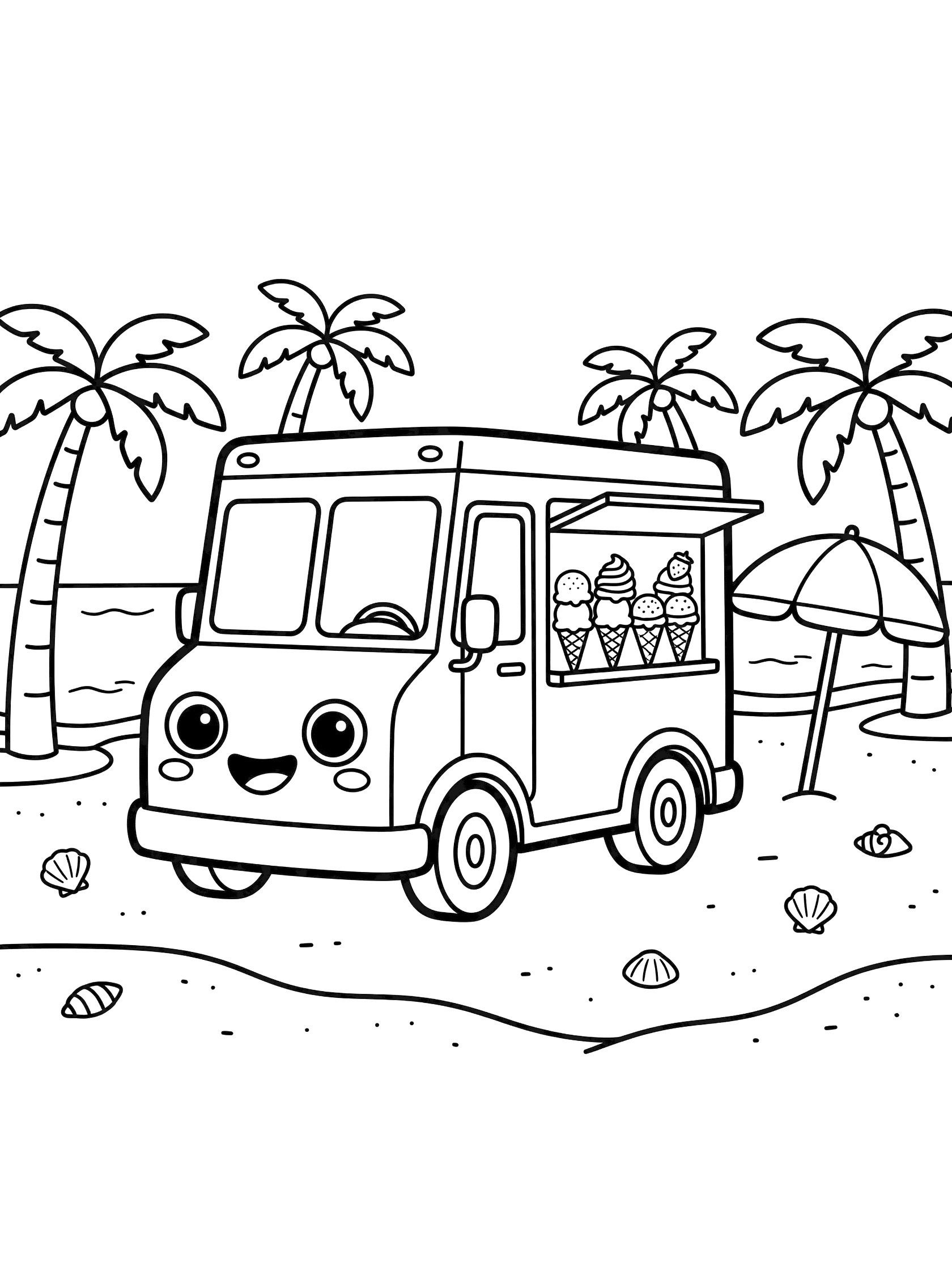 Kawaii ice cream truck coloring page parked on sunny beach with big eyes, smiling face, open window showing cones, surrounded by palm trees, umbrella, waves and seashells.