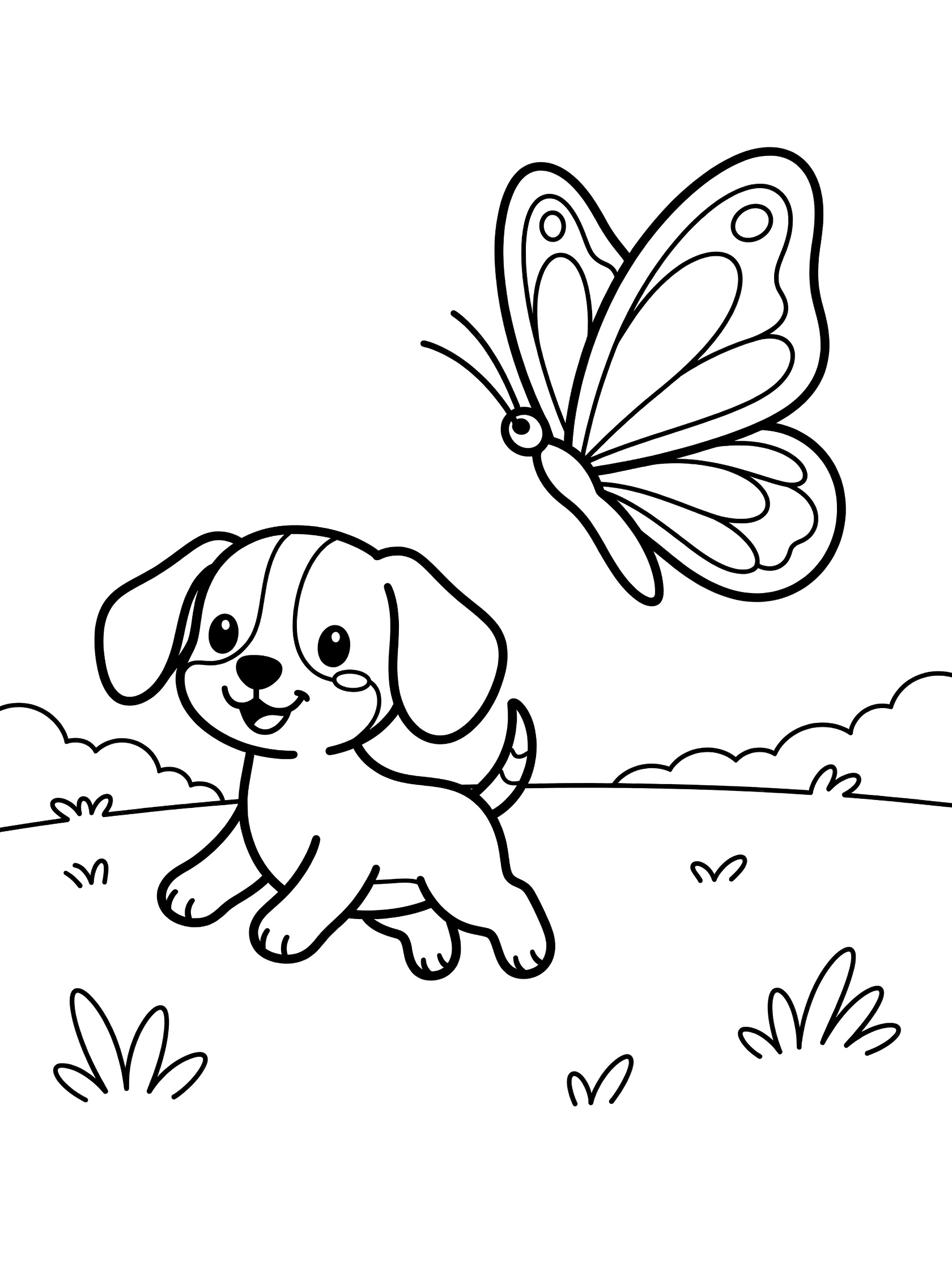 Black and white line art coloring page showing a cute kawaii beagle puppy playfully chasing a large butterfly in a field with grass.