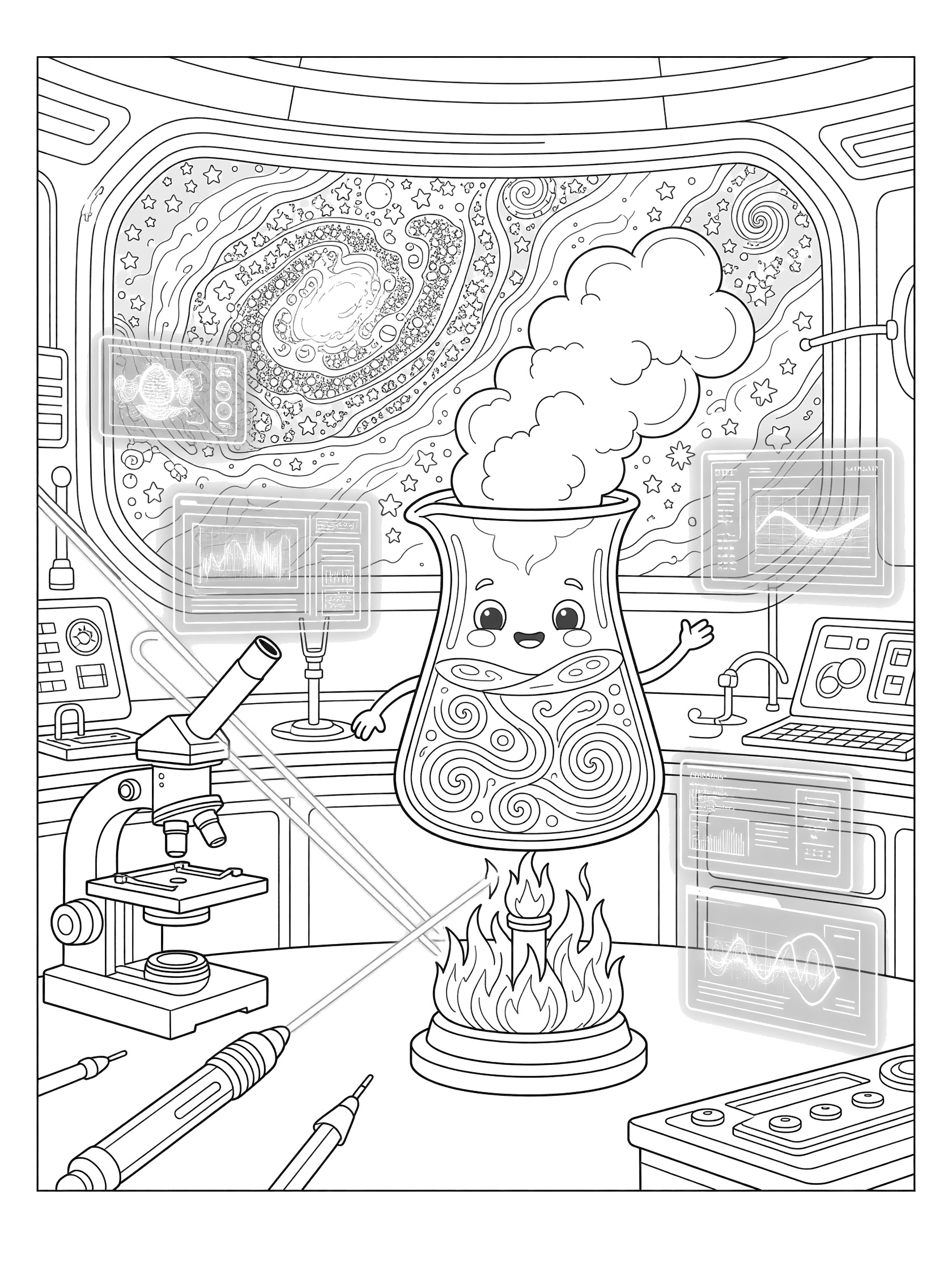 Adorable cartoon beaker with happy face heating over flaming Bunsen burner in futuristic sci-fi lab coloring page, with steam, holographic screens, microscopes, lasers, and starry nebula viewport