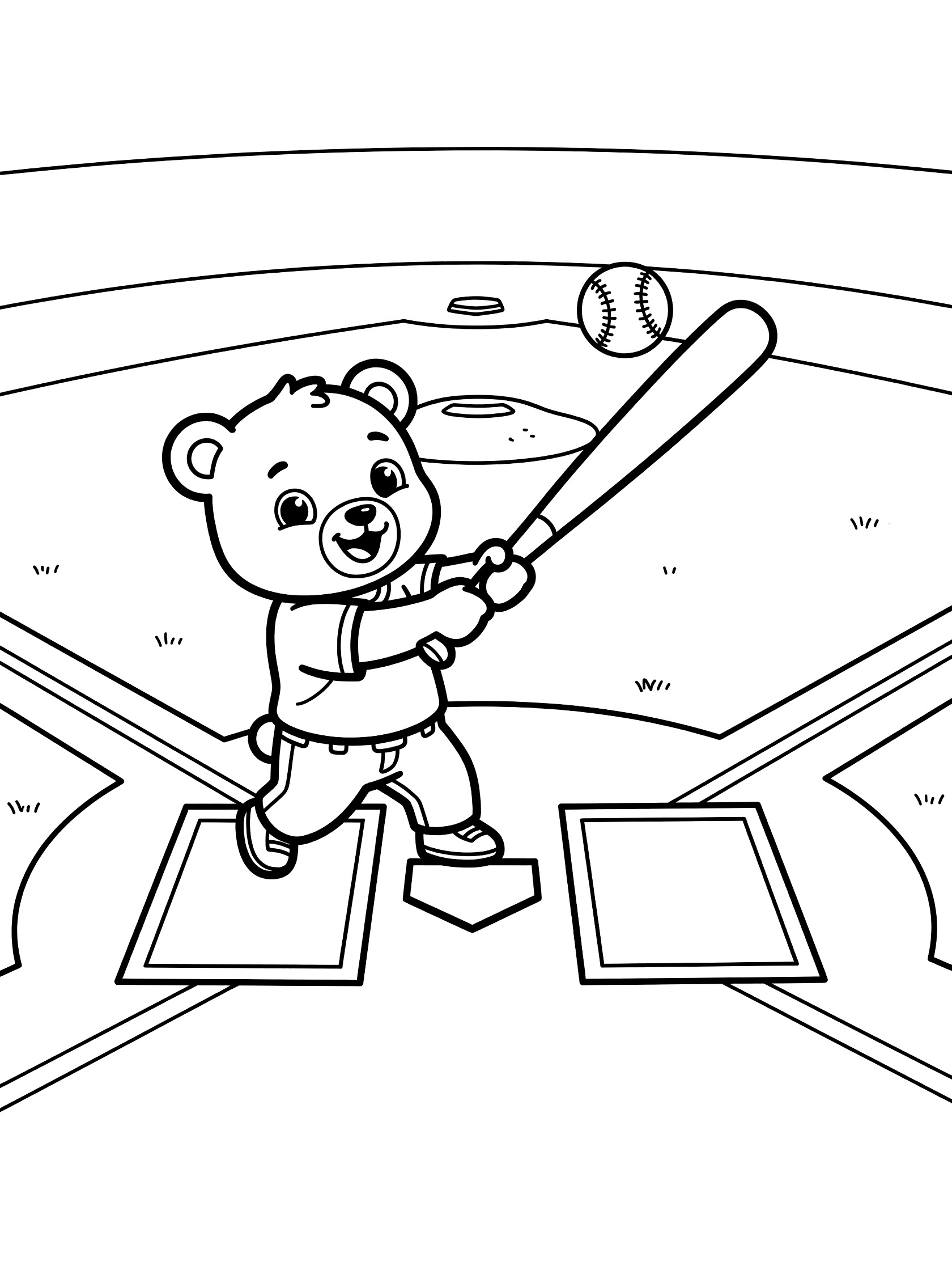 Cute bear in baseball uniform hitting the ball with a bat at home plate on a baseball diamond coloring page