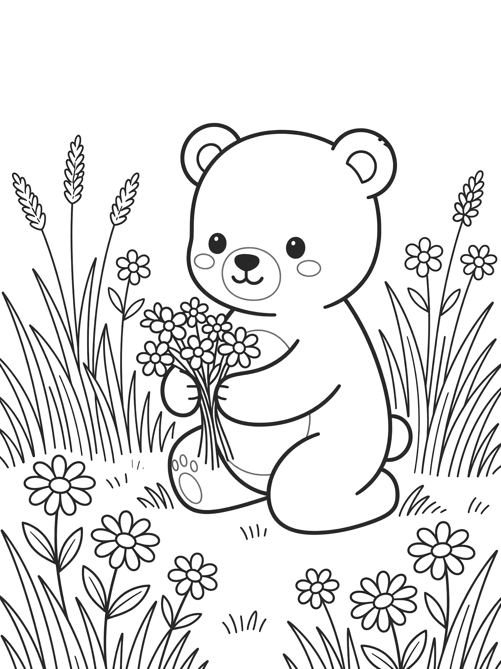 Black and white coloring page of a cute bear kneeling in tall grass holding a small bouquet of flowers surrounded by daisies