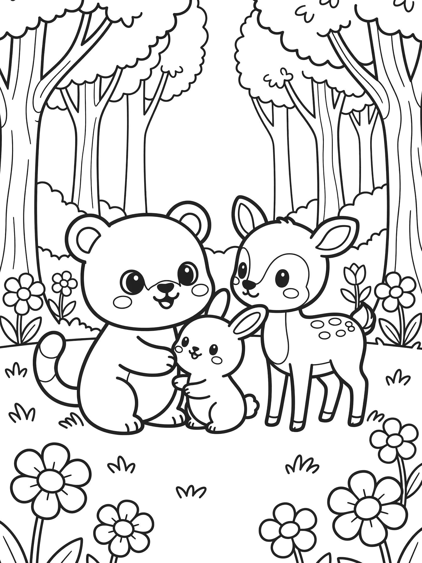 Black and white line art coloring page showing a chubby bear hugging a bunny and deer in a forest glade with trees, grass, and flowers. Big eyes and simple outlines. Puma themed black and white printable line art