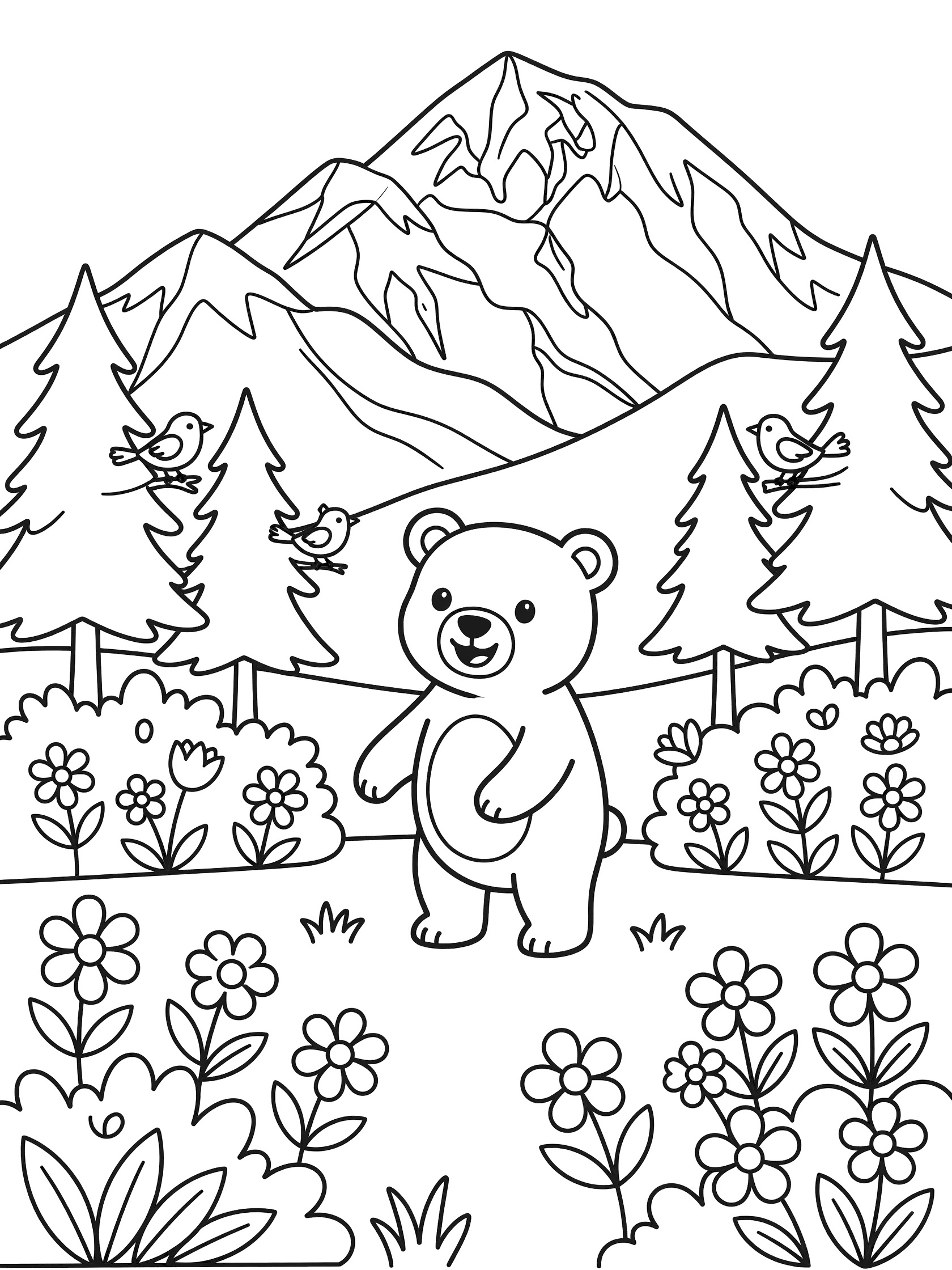 Black and white line art coloring page showing a friendly cartoon bear standing upright in a forest clearing with wildflowers, bushes, pine trees with birds, and large mountains in the background. Denali themed black and white printable line art