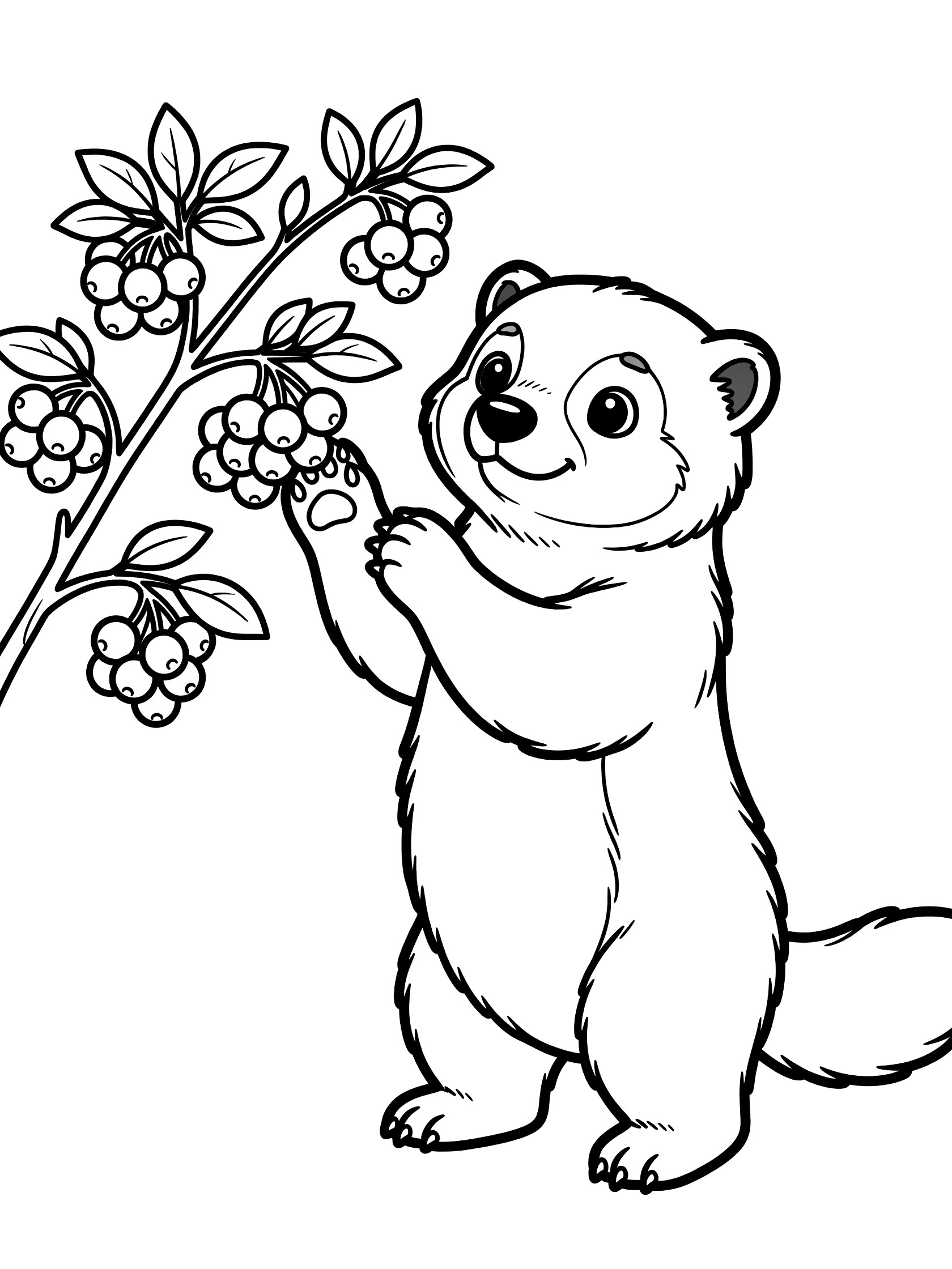 Black and white line art coloring page showing a kawaii-style bear with fluffy fur, round cheeks, and big eyes standing on hind legs, reaching one paw for ripe berry clusters on a leafy bush. Wolverine themed black and white printable line art