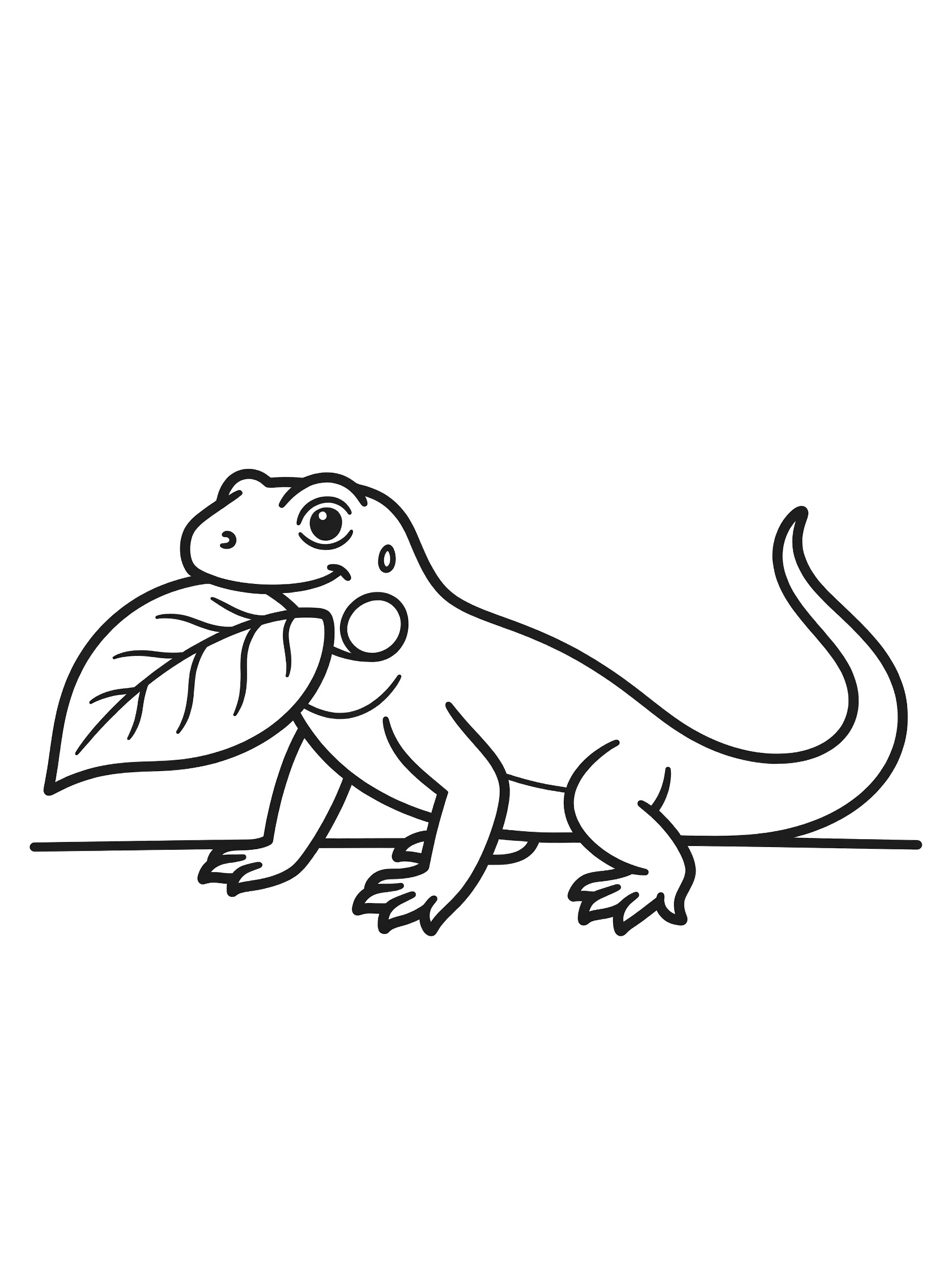 Black and white line art coloring page showing a cute bearded dragon standing on the ground with a big leaf in its mouth, simple outlines for kids to color.