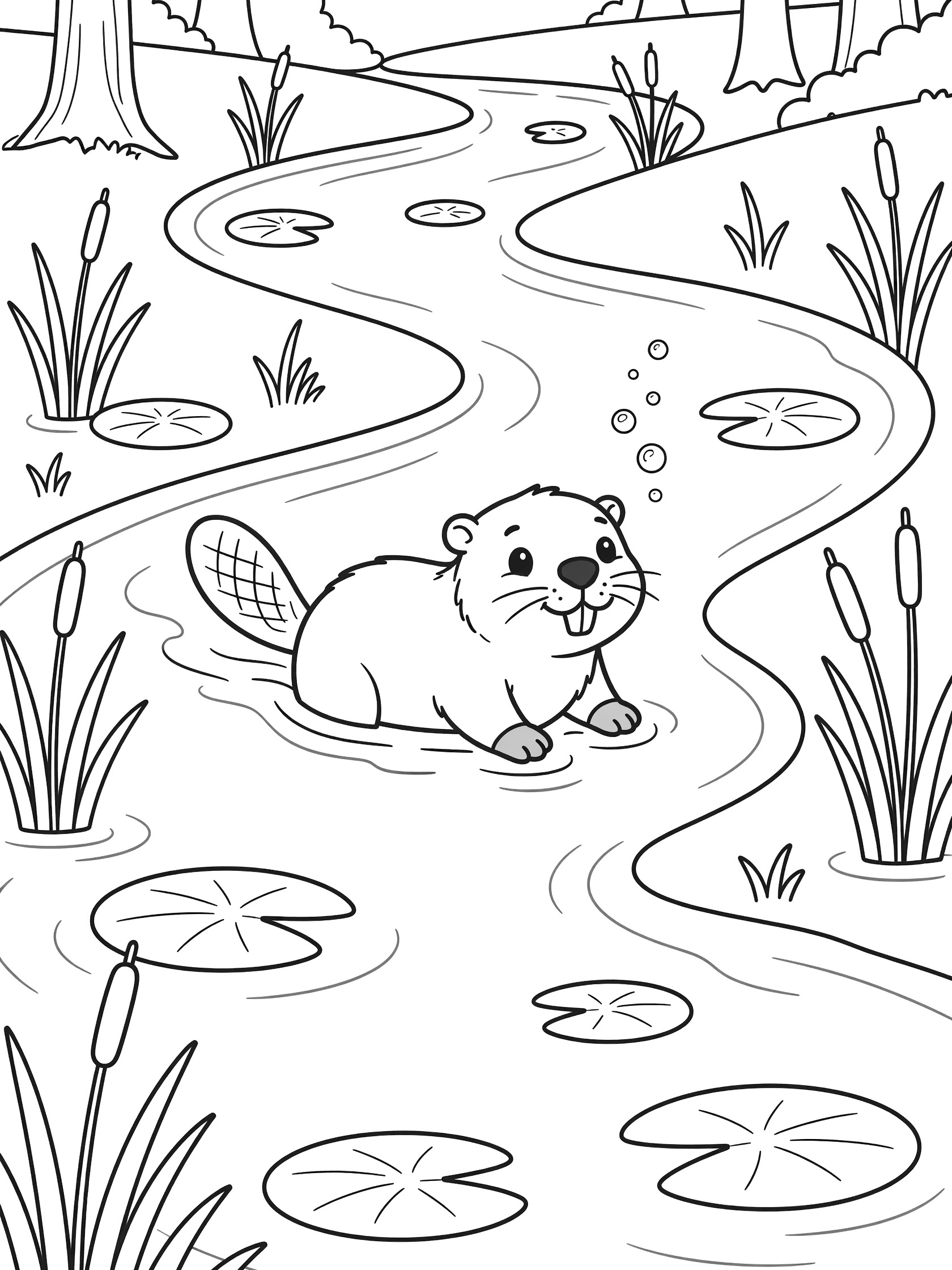 Black and white line art coloring page showing a cute beaver swimming playfully in a forest stream surrounded by lily pads, reeds, bubbles, and gentle waves
