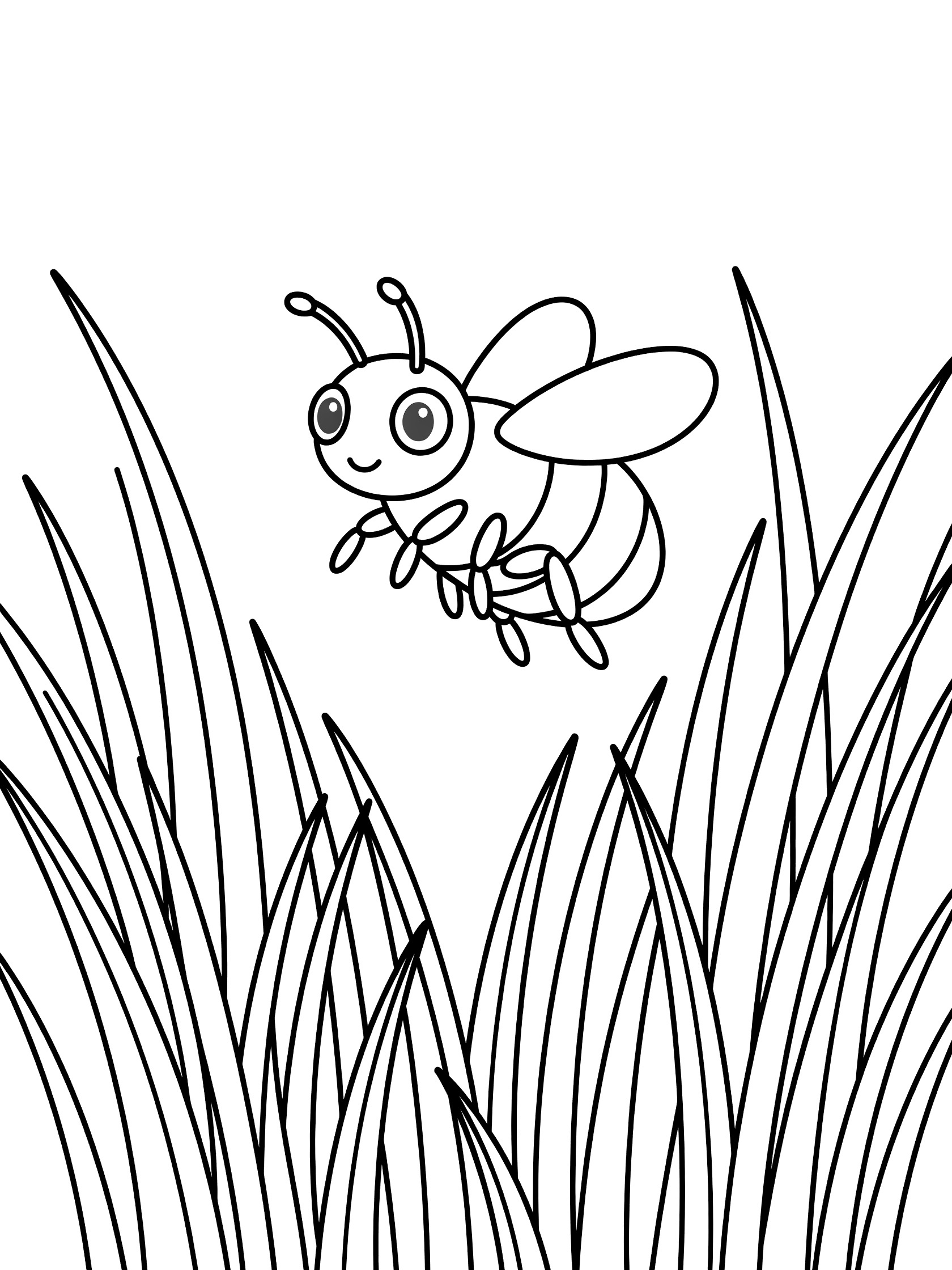 Black and white coloring page showing a happy cartoon bee with big eyes and wings flying in tall grass. Flea themed black and white printable line art