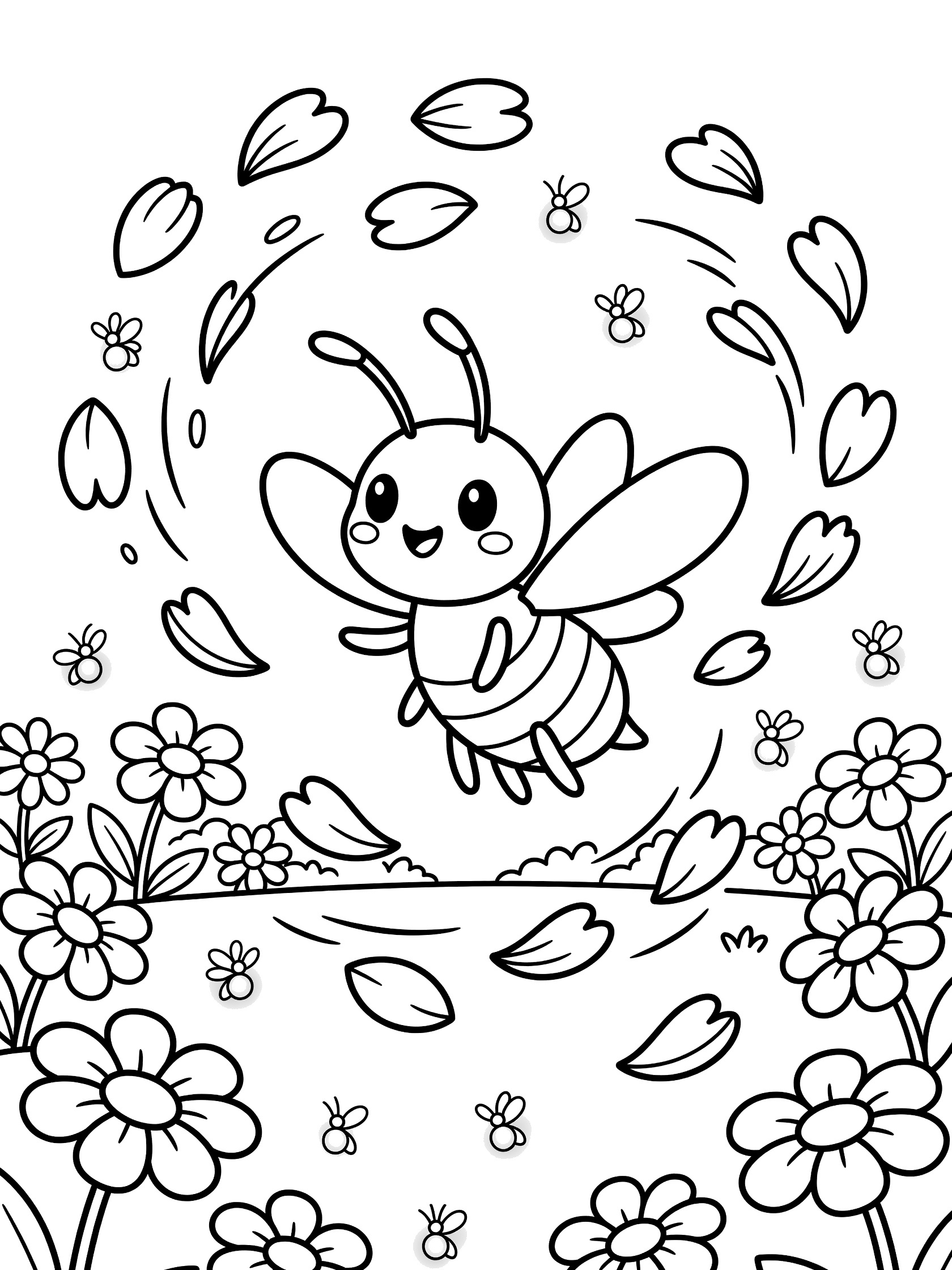 Black and white line art coloring page showing a cute cartoon bee with big eyes flying happily surrounded by daisies, swirling petals, and tiny bees in a garden. Wasp themed black and white printable line art